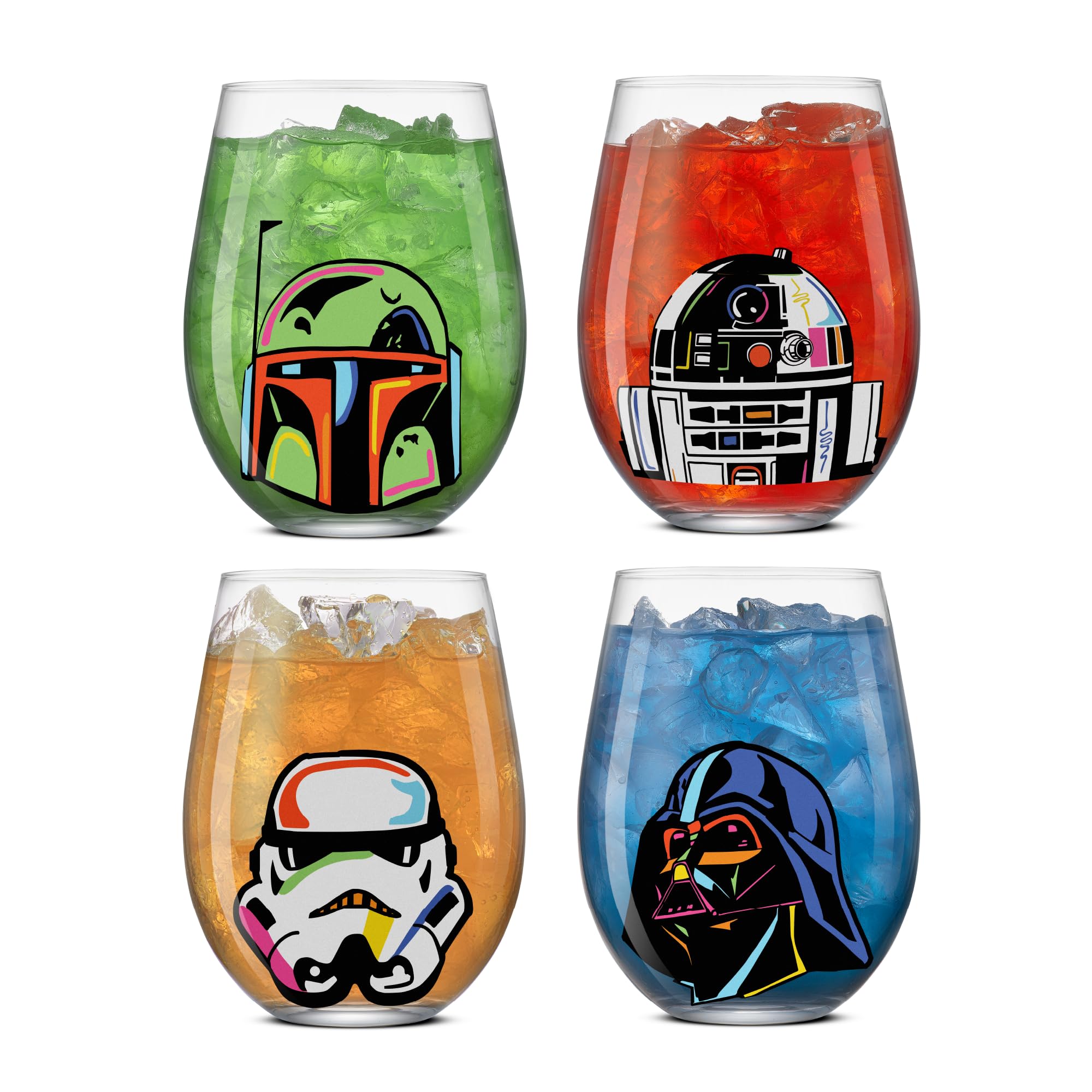 Joyjolt Star Wars Cosmic Color Stemless Drinking Glasses, 19Oz Glass Cups Ft Darth Vader Stormtrooper Boba Fett R2-D2, Star Wars