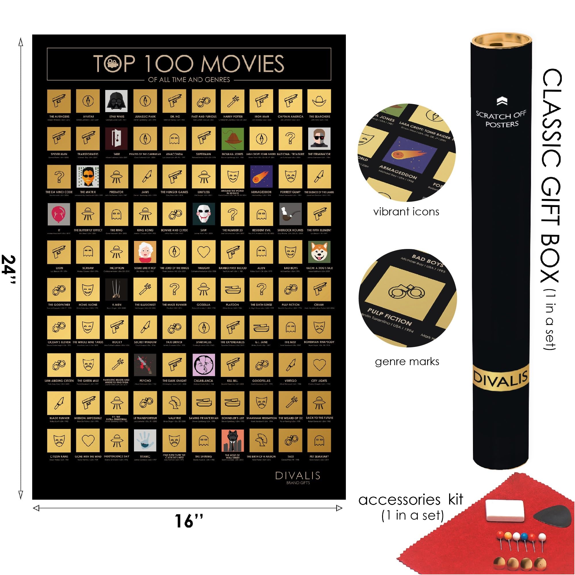 3 In 1 Gift Set - Top 100 Scratch Off Movies, Horrors, Comedy Posters Bundle - Best Movies To Watch - Essential Cinema Checklist