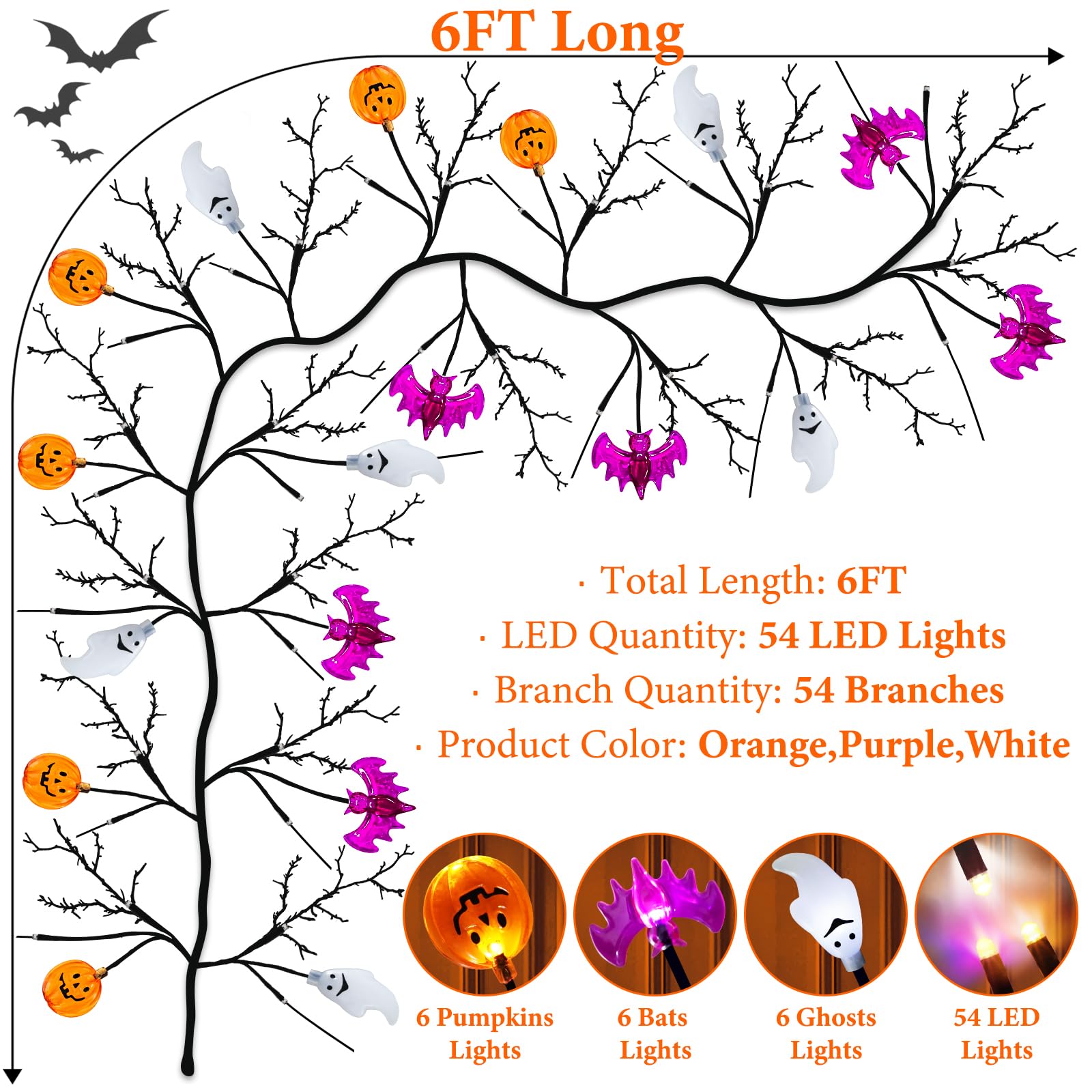 6Ft 54 Led Halloween Willow Vine Twig Garland With Orange Purple White Lights & 8 Model Timer &7 Pumpkin Bat Ghost,Battery Opera