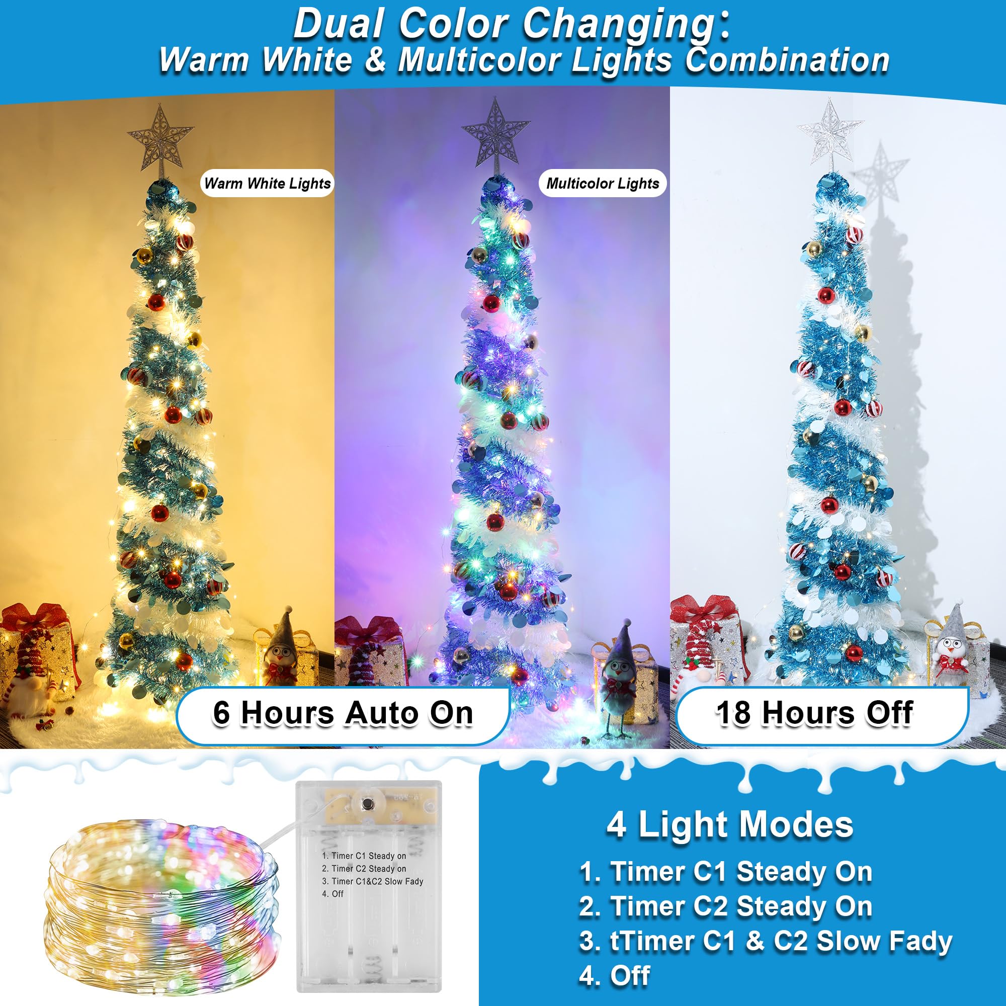 5FT Pop Up Christmas Tree with Timer 60 Warm White & Multi Color Fairy Light 3D Star 15 Ball Ornament, Blue White Tinsel Christm