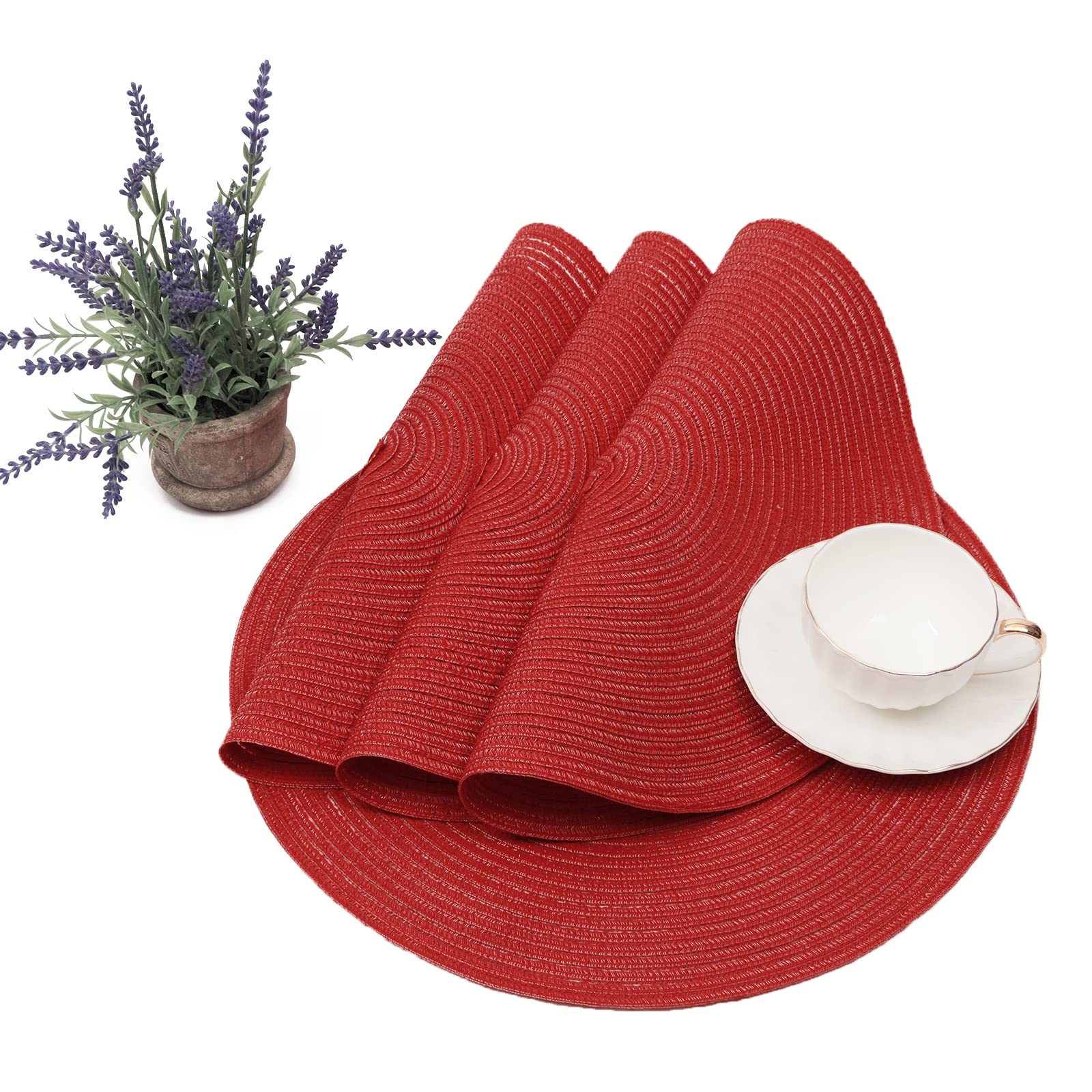 Shacos Round Braided Placemats Set Of 8 Washable 15 Inch Round Table Mats Woven Place Mats For Dining Table (Red, 8)
