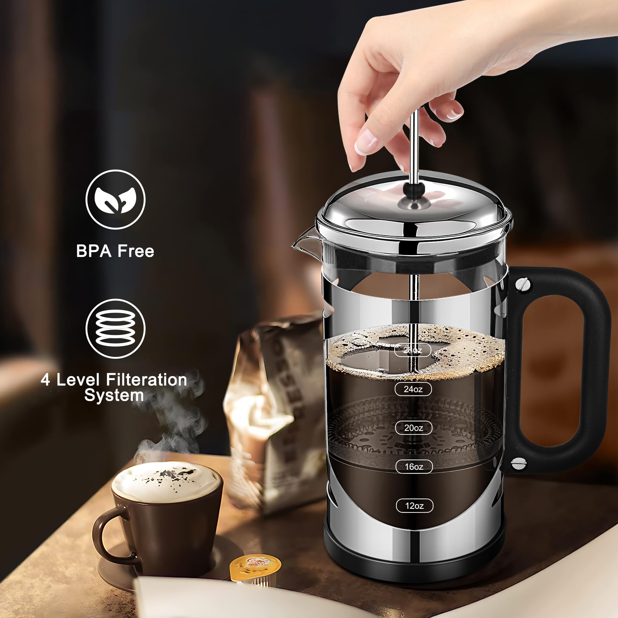 Ymmind 34 Ounce French Press Coffee Maker Chromium Stainless Steel Coffee Press, With 4-Level Filter System, Heat Resistant Thic