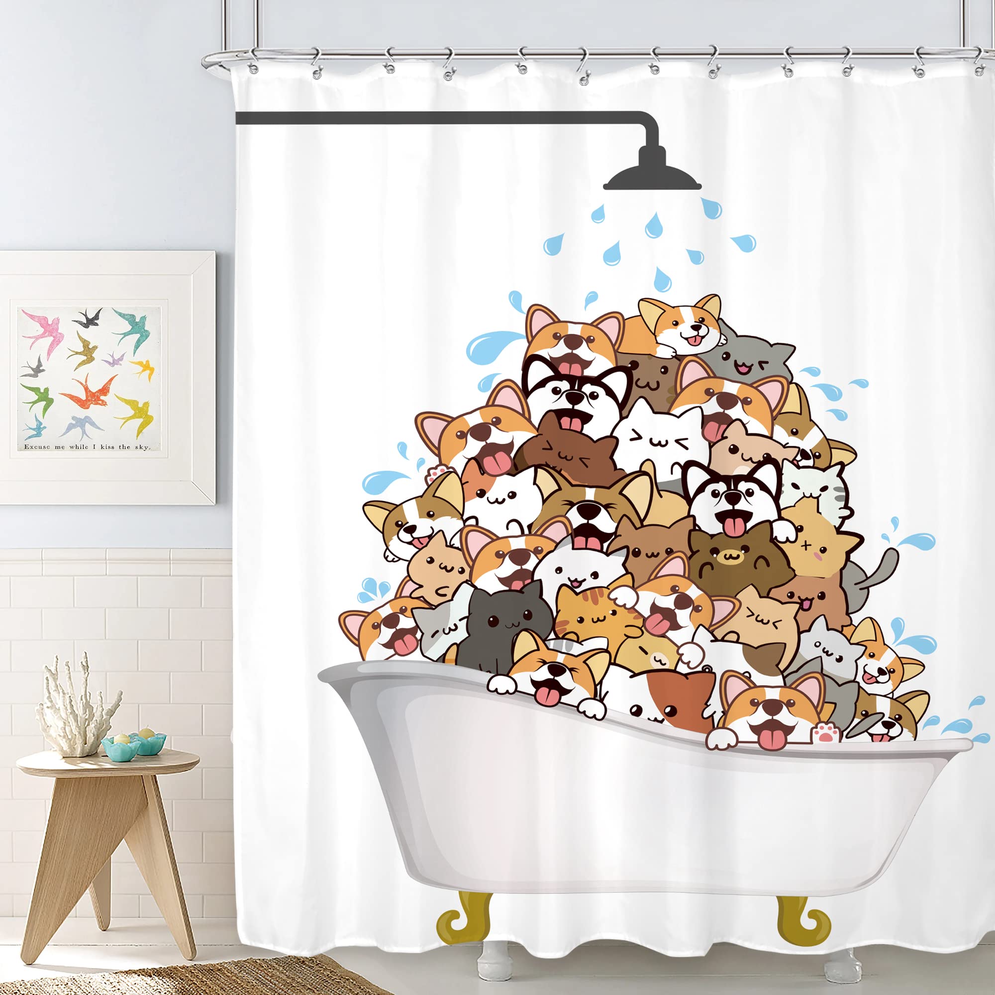 SVBright Cats and Dogs?hower Curtain Raining Kids Cartoon Corgi Cute Animal 72Wx72L Inch Hilarious Pets Playing Water?2 Pack Hooks Polyester Waterproof Fabric Bathroom Bathtub Panels