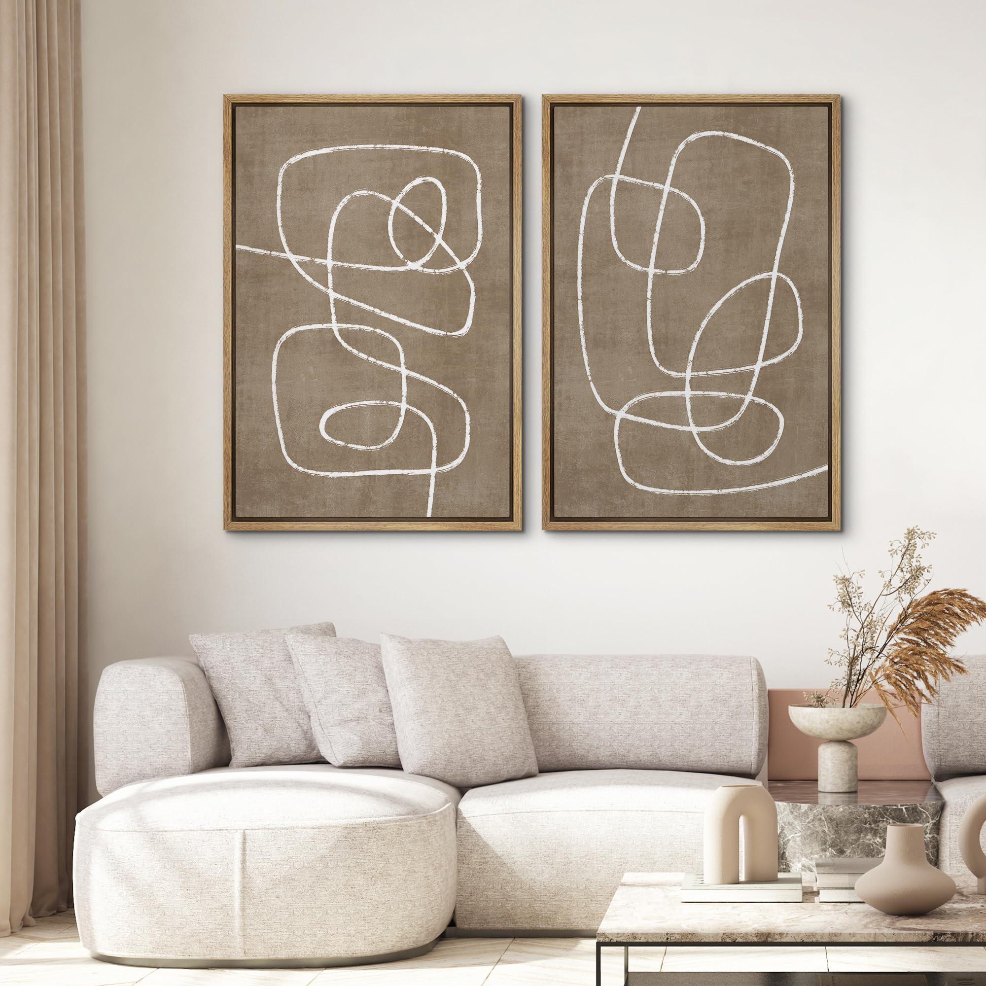 SIGNWIN Framed Canvas Print Wall Art Set Geometric Mid-Century Spiral Collage Abstract Shapes Cozy Neutral Minimal Decorative Nordic Zen Bohemian for Living Room  Bedroom  Office - 24''x36''x2 Natural