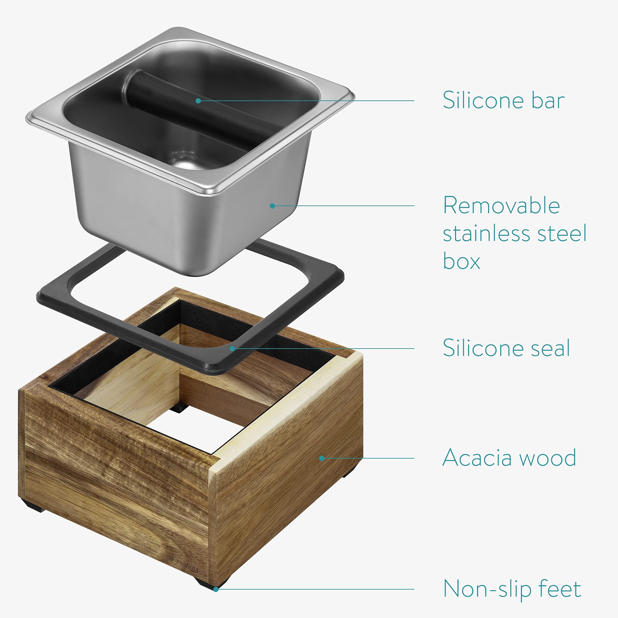 Navaris Coffee Knock Box - Stainless Steel And Wood Bin For Espresso Machine Coffee Grounds - With Silicone Bar For Knocking Por