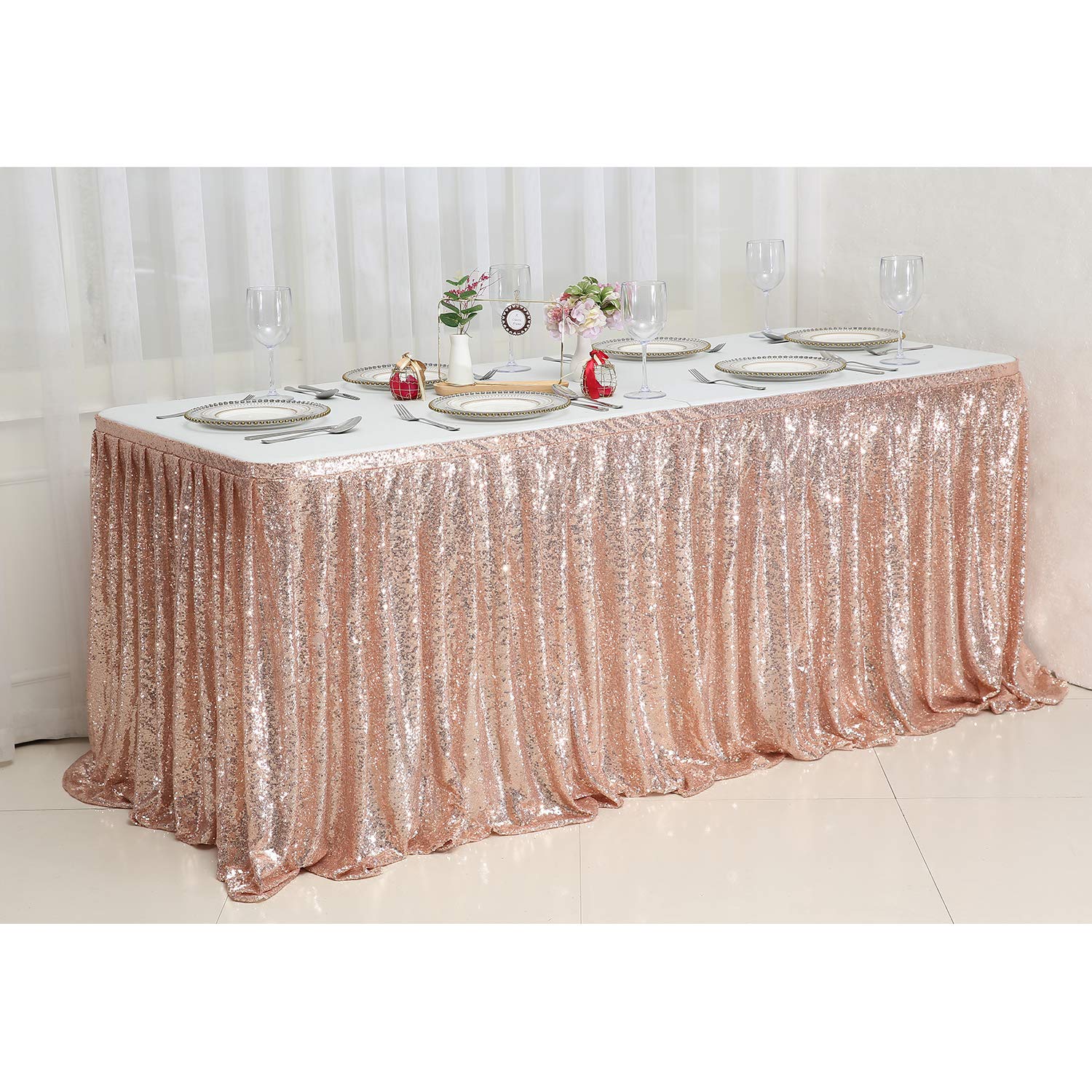 Poise3Ehome Spakly Draped 9Ft Wide X 30 Inches Drop Rose Gold Table Skirt For Birthday Party Baby Shower Dessert Table Wedding C