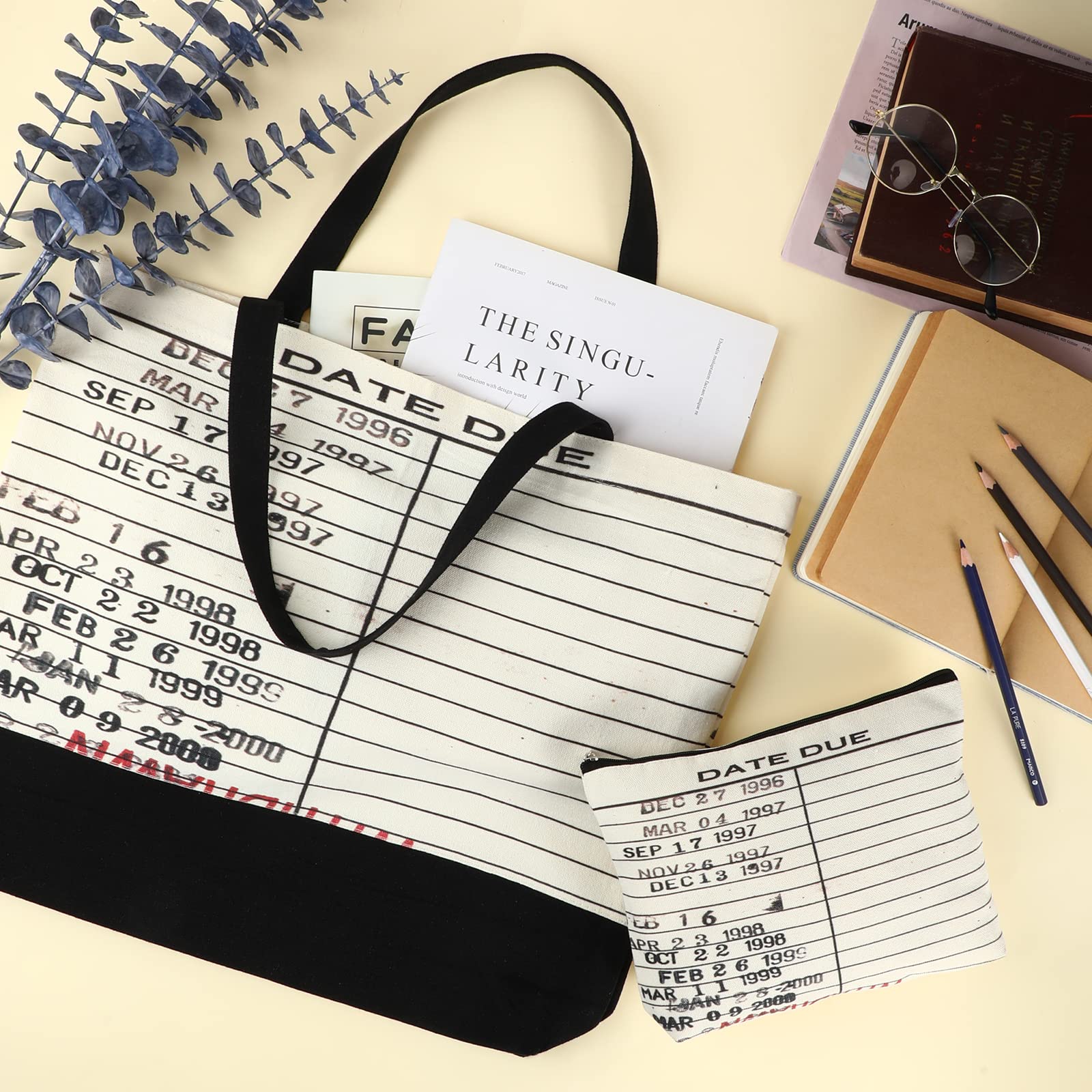 Sieral 2 Pcs Library Due Date Tote Bag For Library Lovers' Day Librarian Gifts Library Book Bag Book Tote Bag Canvas Toiletry Ba