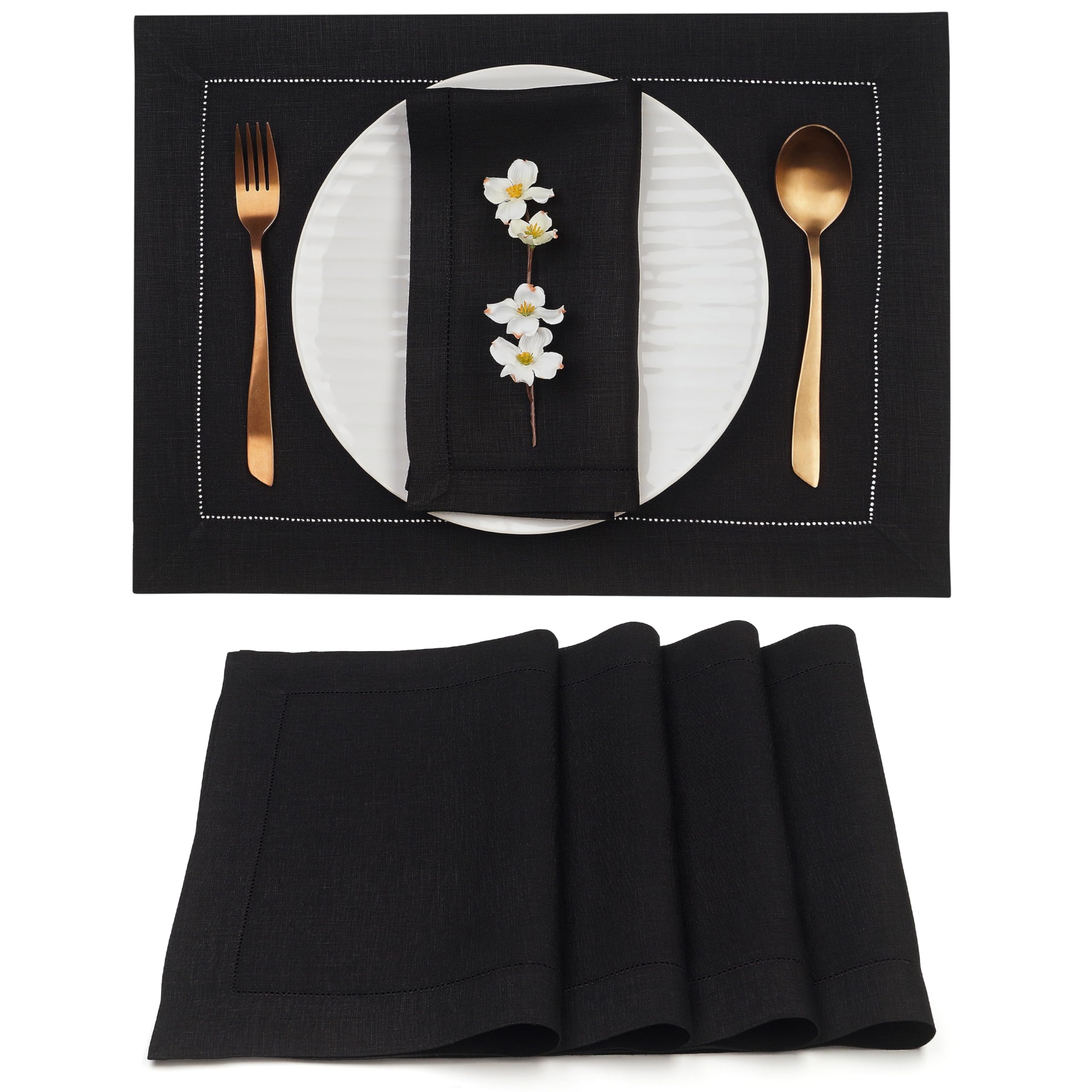D'Moksha Homes Linen Placemats Set Of 4-100% Pure Linen Black Placemats 14 X 19 Inch - Classic Hemstitch, Washable Black Placema