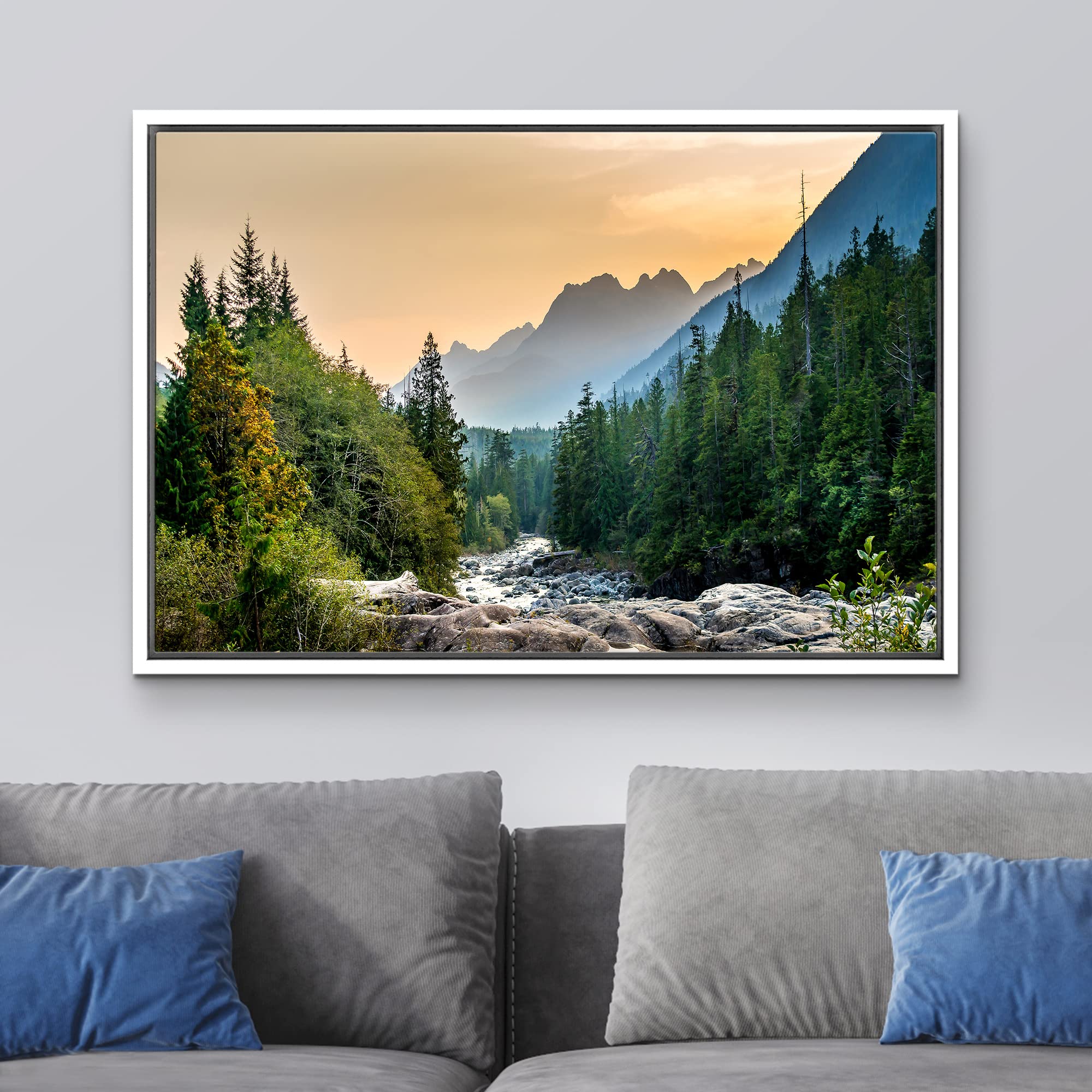 wall26 Framed Canvas Print Wall Art Colorado Forest River Rapid Rock Mountain Nature Wilderness Photography Realism Earth Scenery Scenic Landscape for Living Room  Bedroom  Office - 16''x24'' White