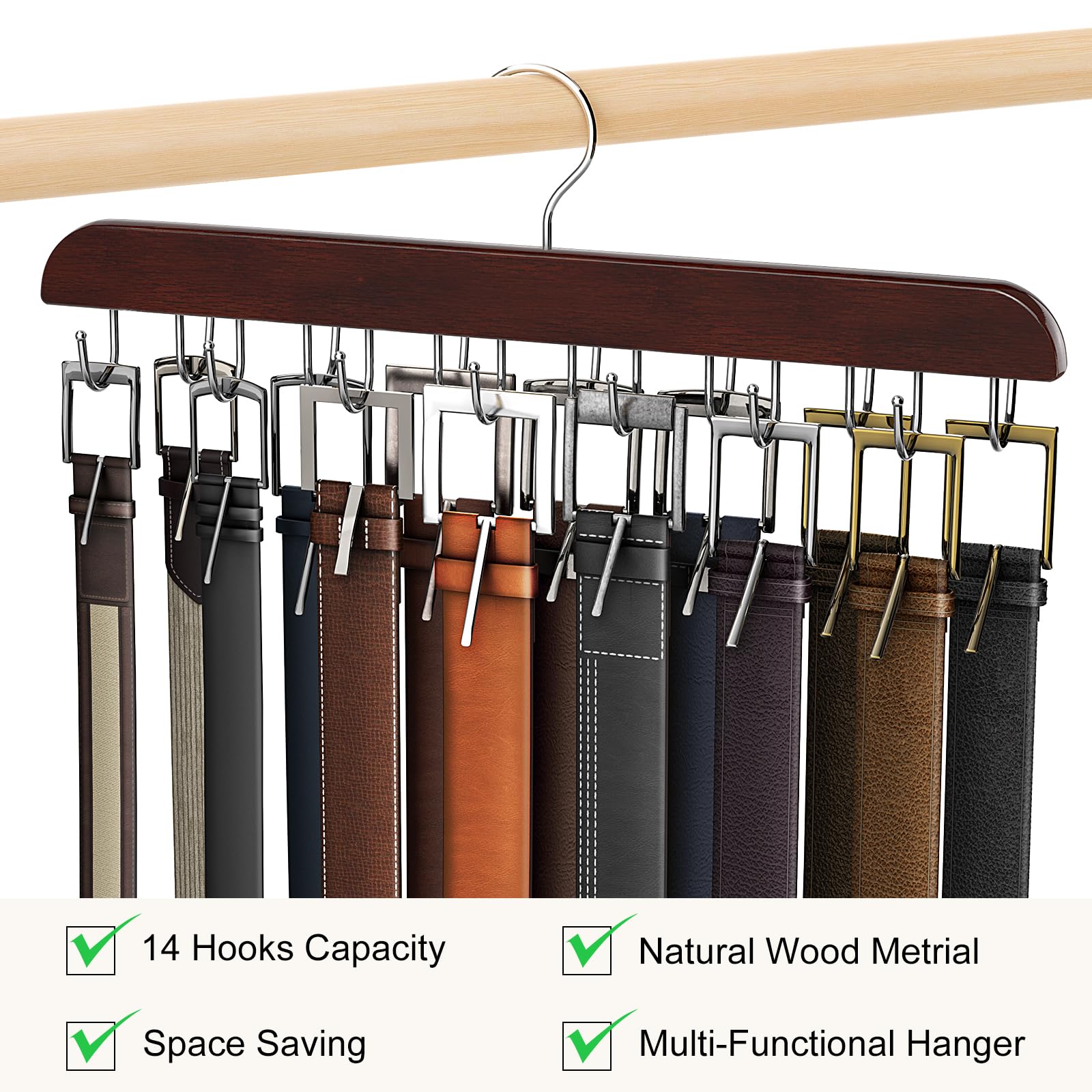 Belt Hanger For Closet Max 42 Belts, Belt Organizer Closet Accessories With 14 Hooks Belt Rack Sturdy Wood For Closet Organizers