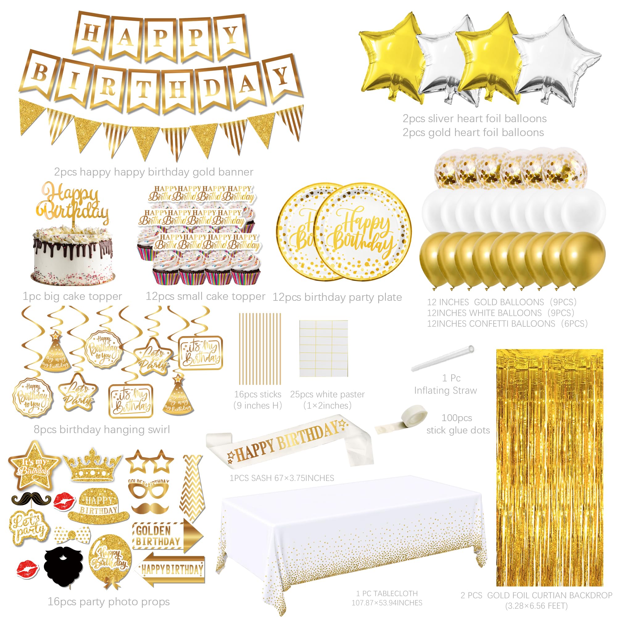 Gold Birthday Decorations For Women Men - (Total 89Pcs) Gold Party Banner, Pennant, Hanging Swirl, Foil Backdrops, Balloons, Gol