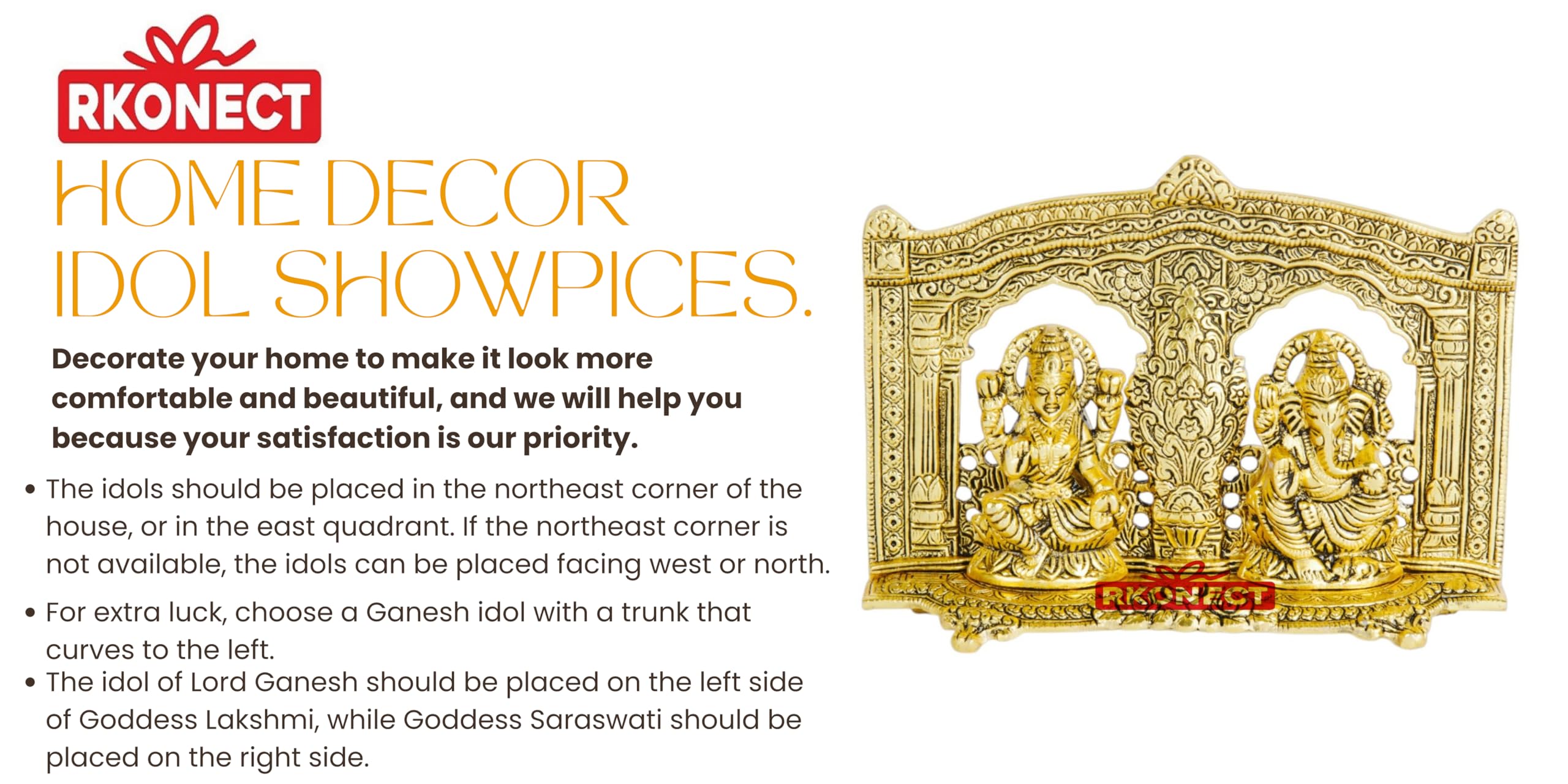 RKONECT Laxmi Ganesh Idol for Home Puja | Laxmi Ganesh Murti | Metal Silver Lakshmi Ganesha Murti for Diwali Gift (Golden)