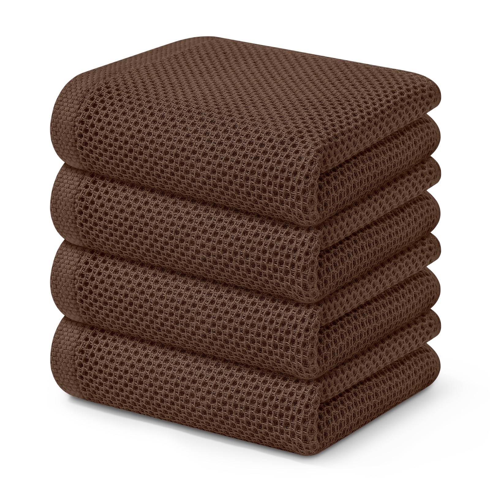 Kitinjoy 100% Cotton Waffle Weave Kitchen Towels (13 X 28 Inches, Coffee), 4-Pack Super Soft and Absorbent Dish Towel for Drying