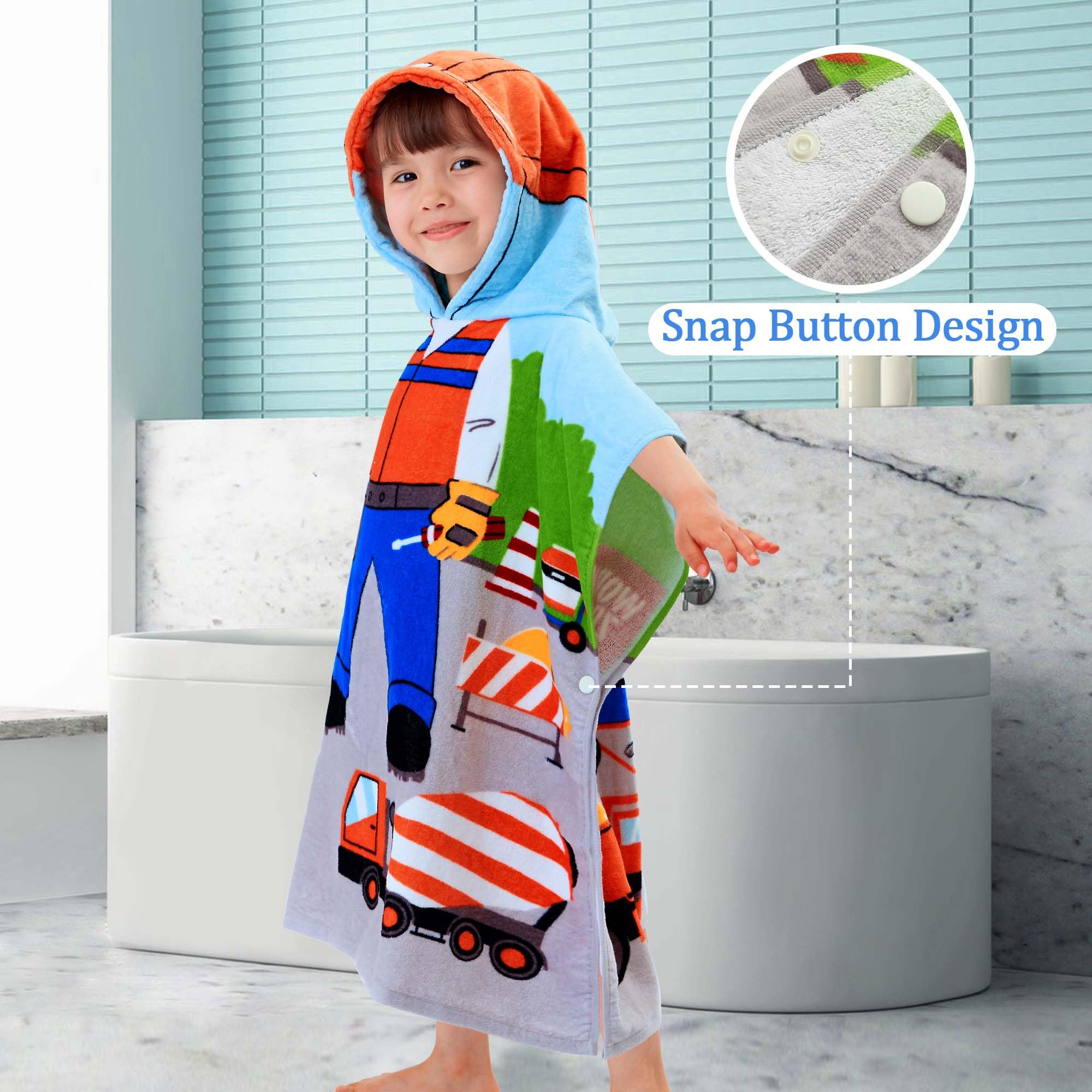 Voova  Movas Kids Beach Pool Towels With Hood, 48X24 Soft Cotton Bathrobe Poncho For Babys Toddlers 2 To 5T, Truck Work Zone The