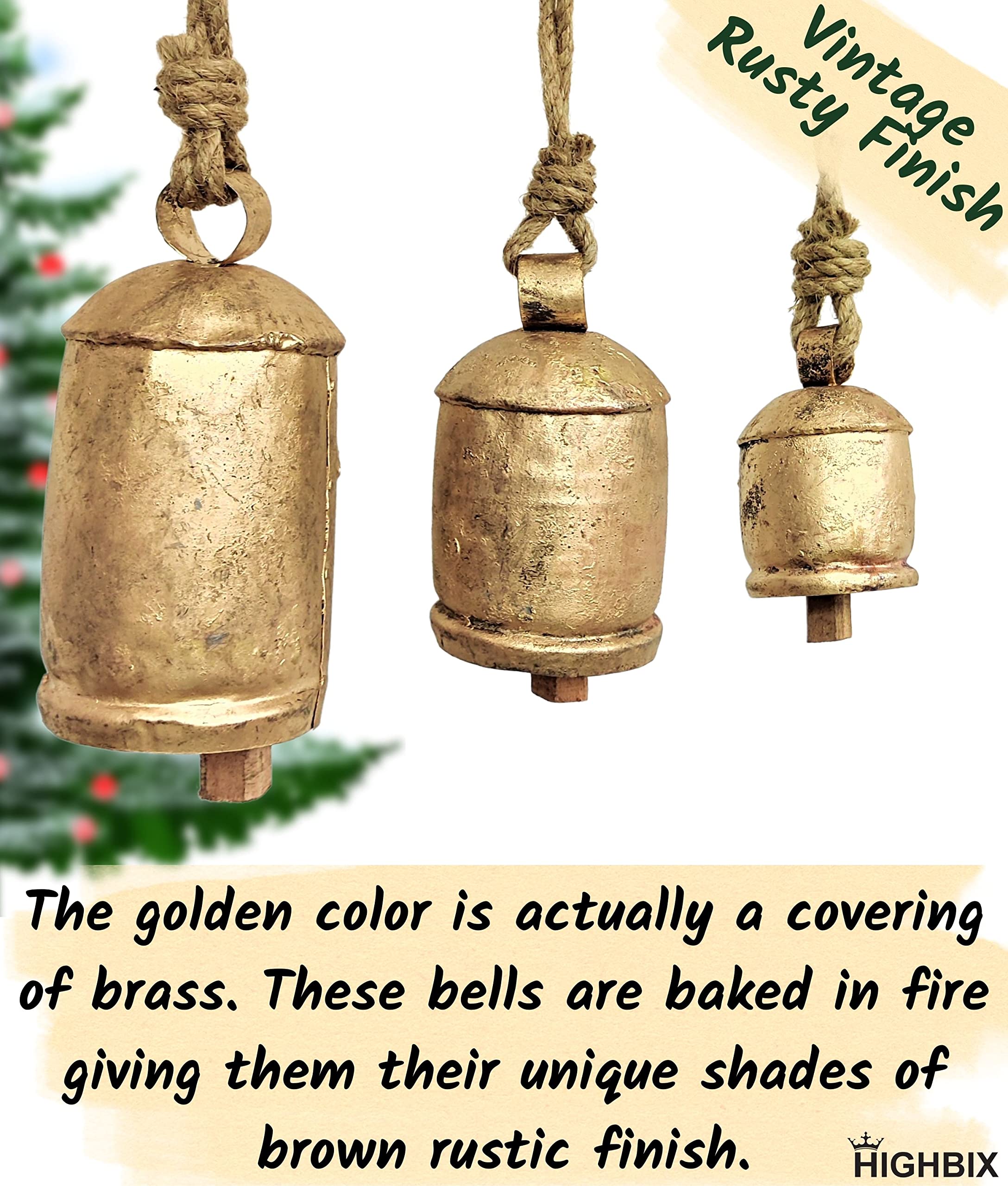 HIGHBIX Set of 3 Giant Harmony Cow Bells Huge Vintage Handmade Rustic Lucky Christmas Hanging XL Bells On Rope (Country Rustic,
