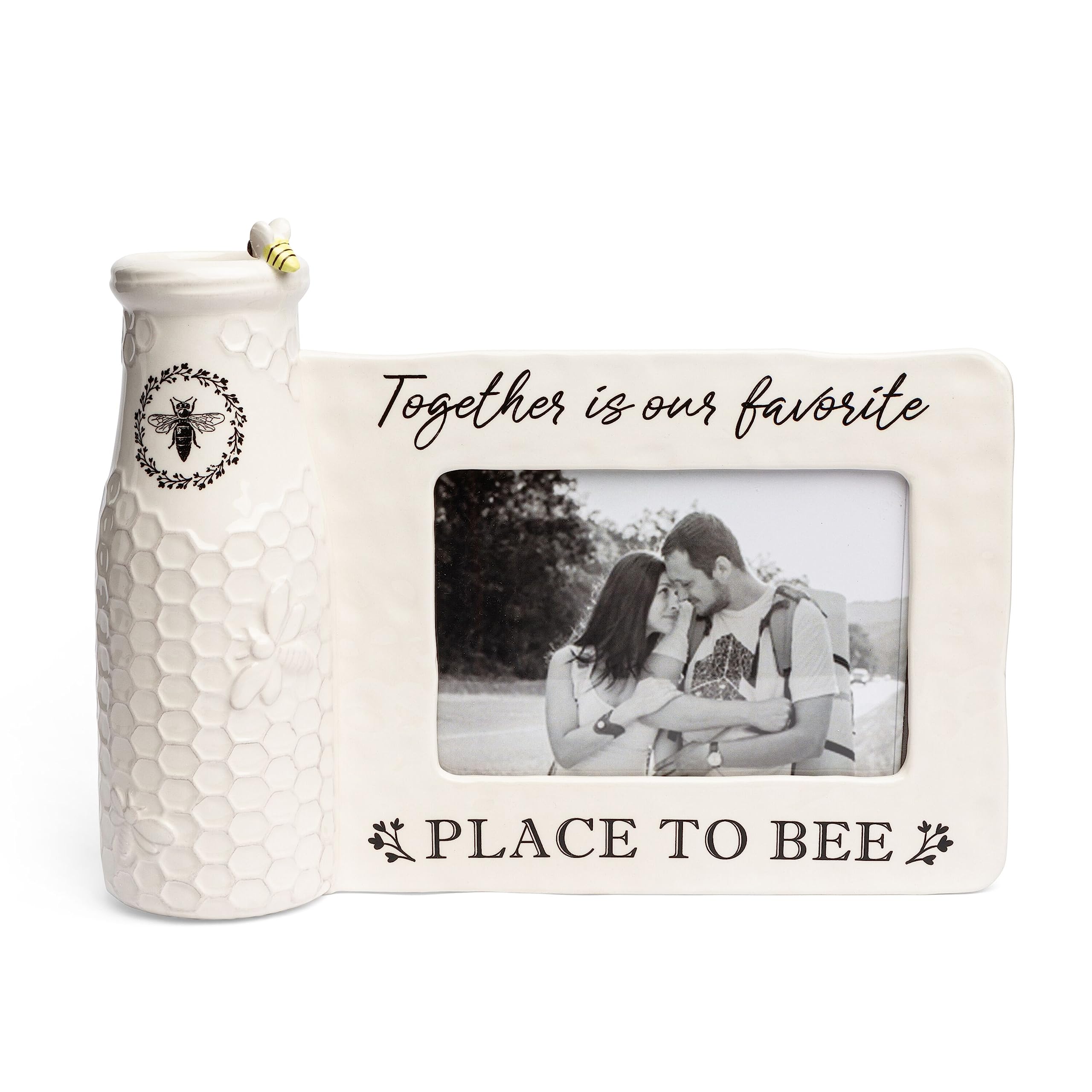 Youngs Inc. Ceramic Bee Vase with Photo Frame - Farmhouse Decor - Rustic Decorations for Home - 11    W x 8    H Overall for 4 