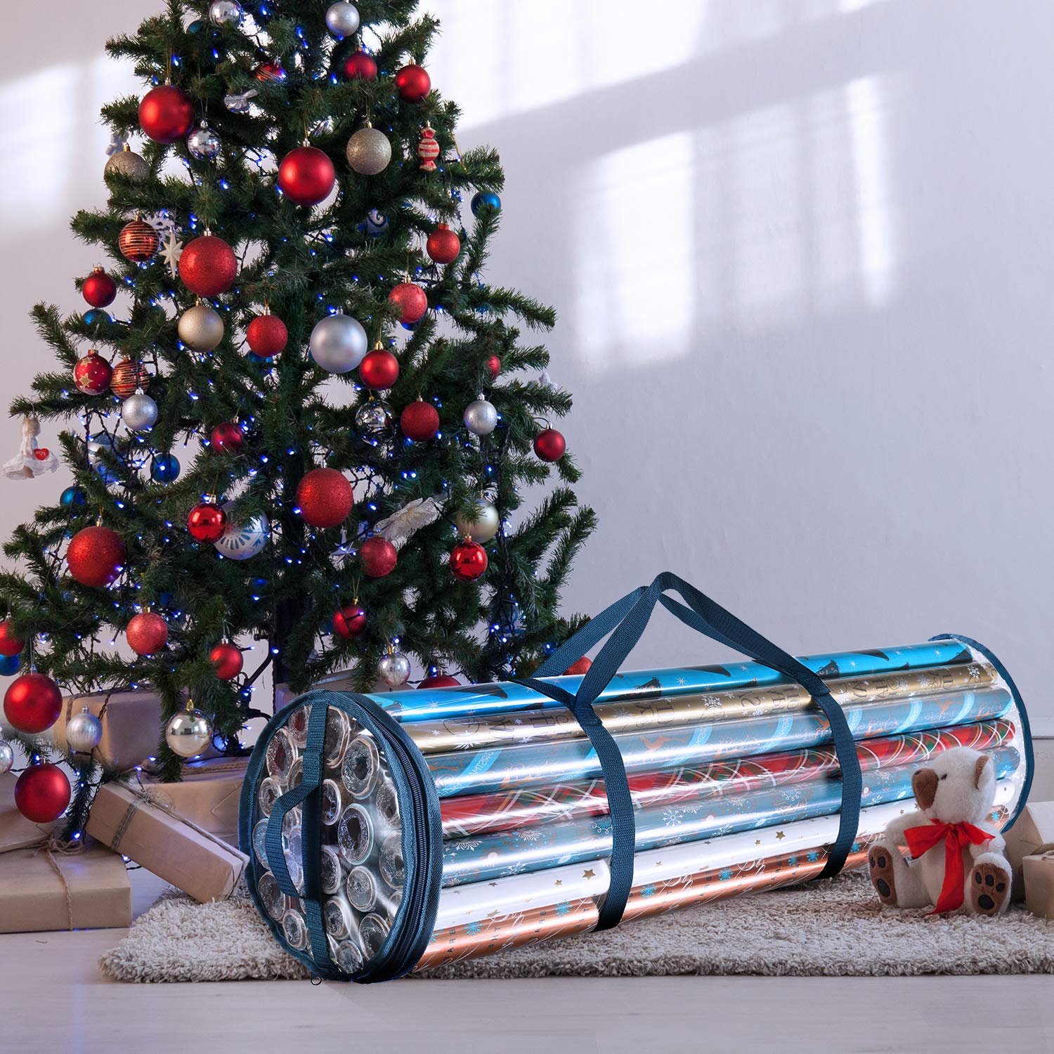 Hearth & Harbor Wrapping Paper Storage Container - Clear, Fits Up To 14 Rolls, Small, Steel Blue, Model HHHS02, Tear Proof Organizer