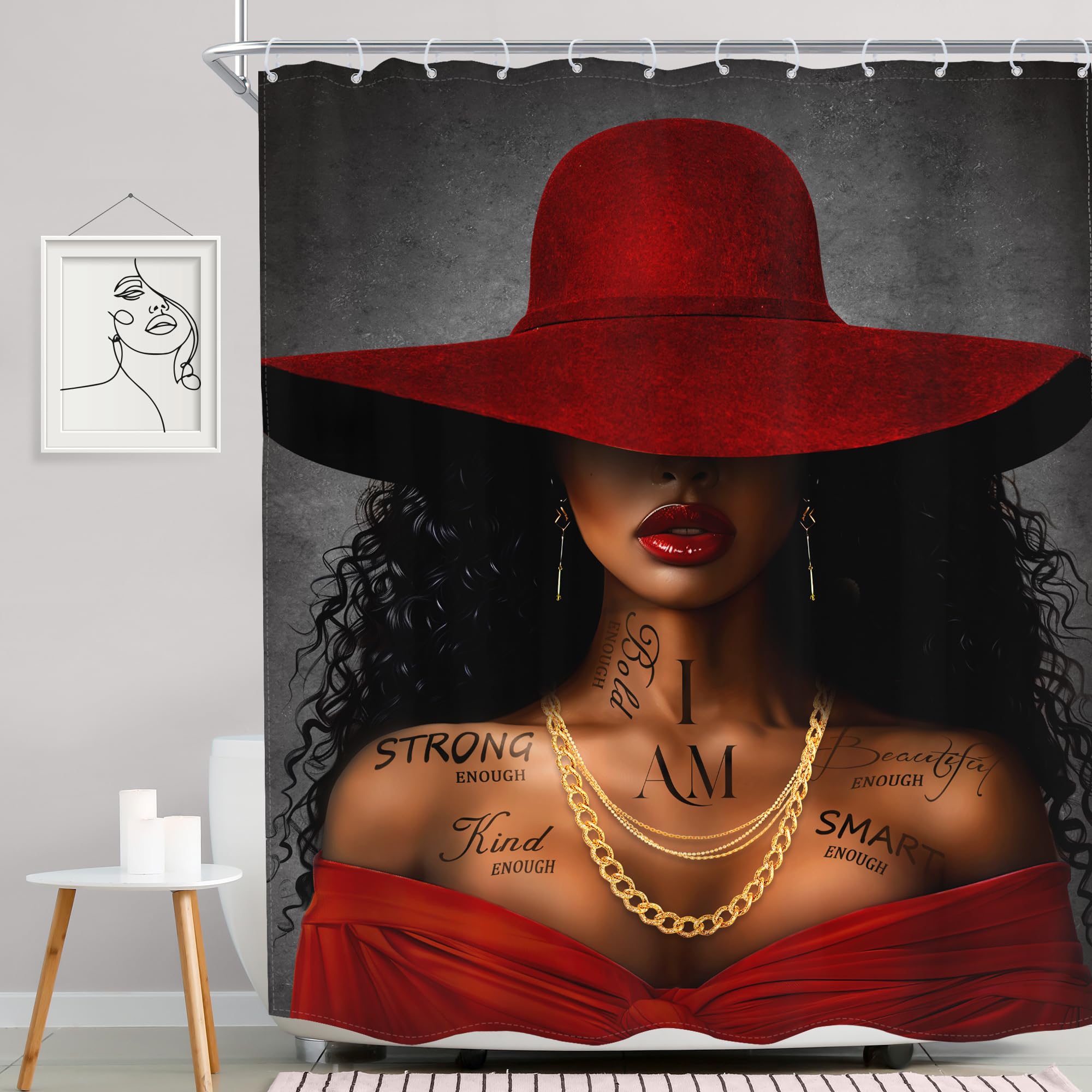 Meshelly Red Black Girl Shower Curtain 60Wx72H African American Inspirational Quotes Shower Curtain Black Woman Shower Curtain F