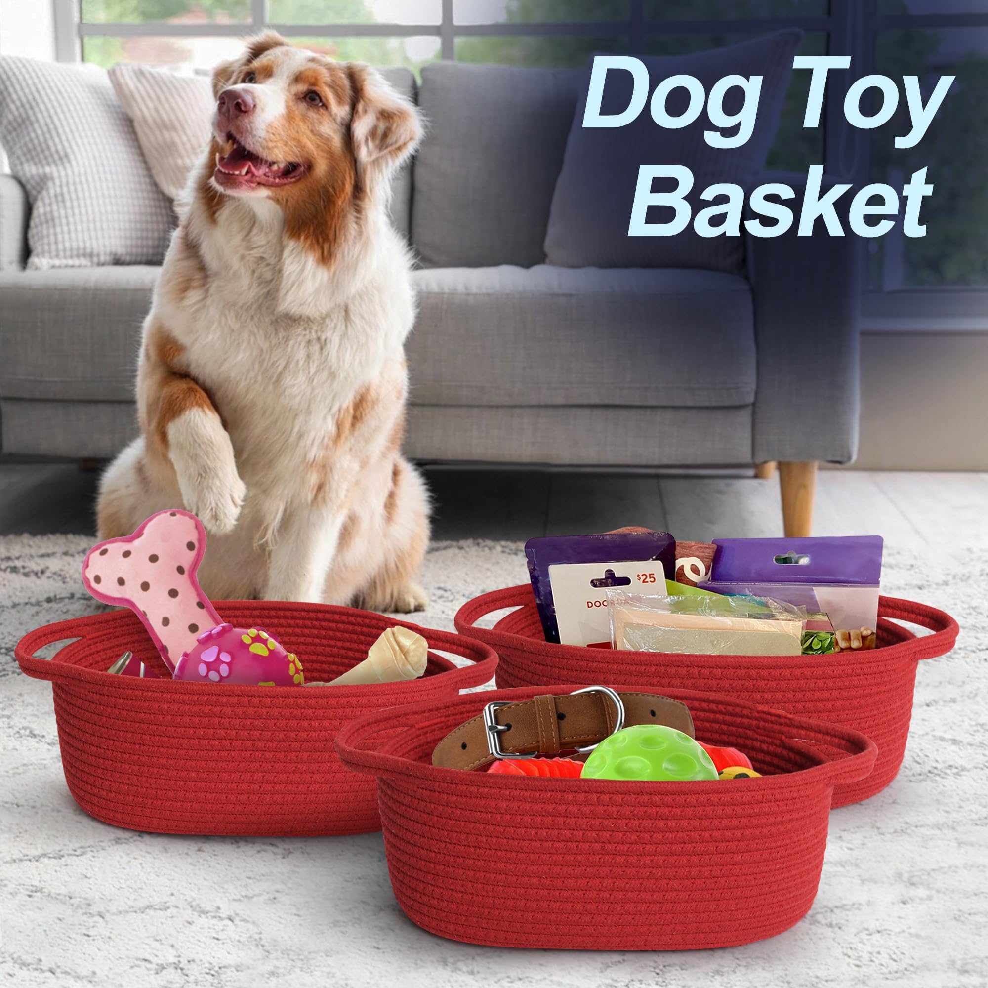 MEGASKET Red Woven Basket, 13 x 9 x 5 Baskets for Gifts Empty, Cute Cotton Rope Cat Dog Toy Bin Box, Small Woven Bin for Organiz