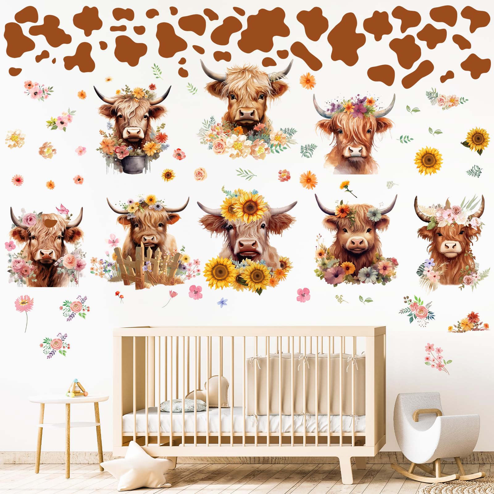 Wxiben Highland Cow Wall Decals - Cow Print Wall Stickers Decor Flower Wall Sticker Removable Floral Wall Murals Peel And Stick