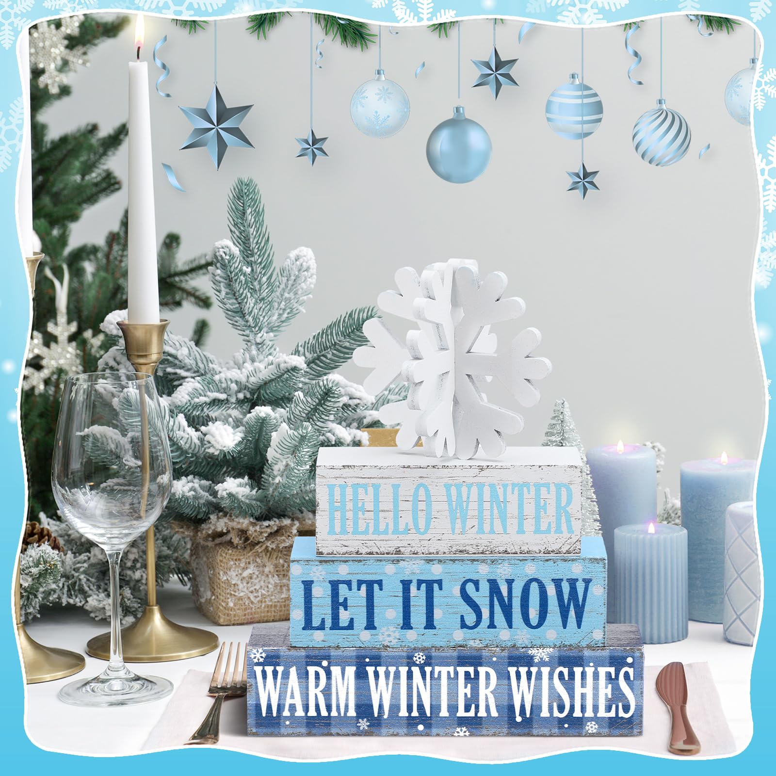 Geelin 4 Pieces Hello Winter Wooden Table Decorations Let It Snow Wooden Signs Rustic Snowflake Tiered Tray Decor Winter Wishes