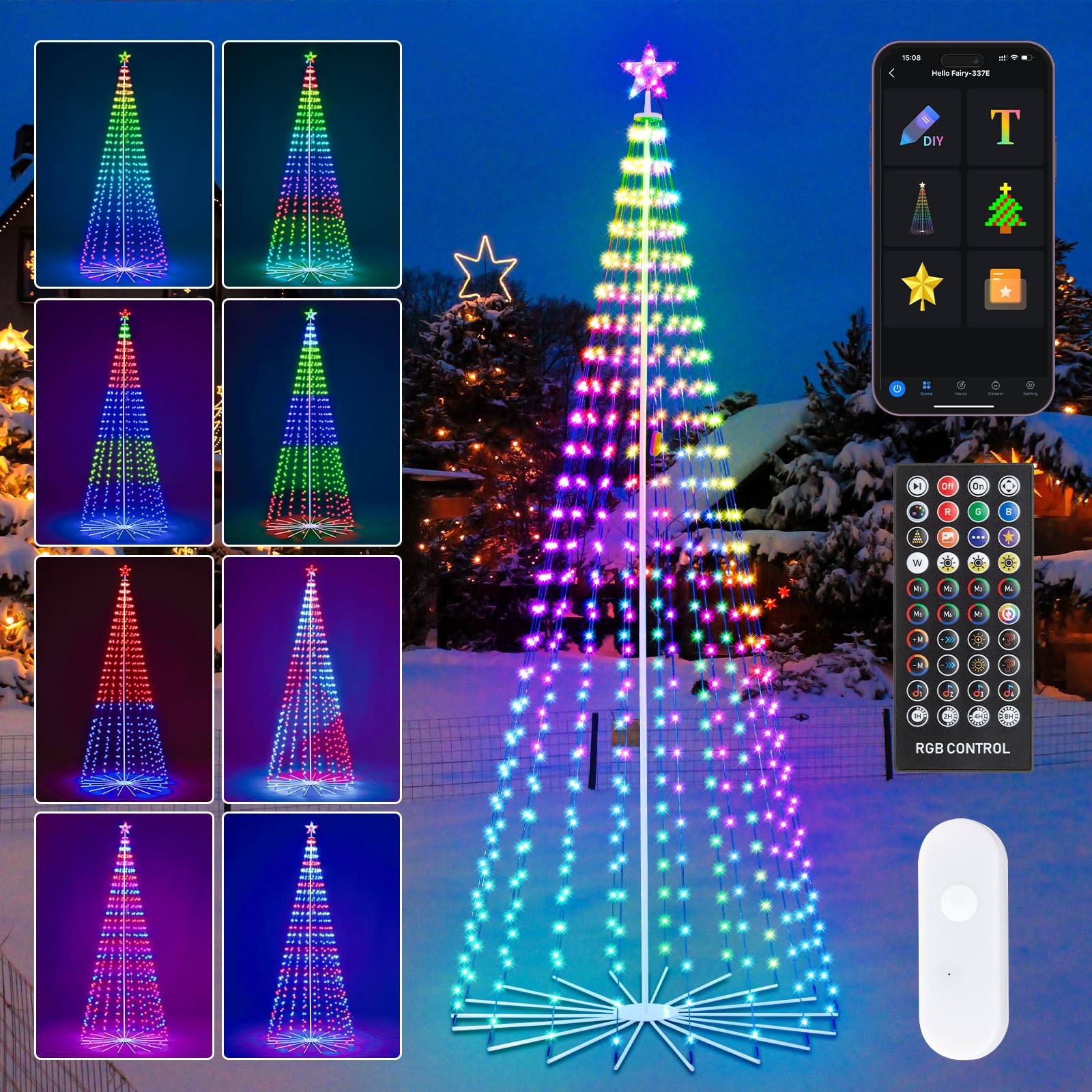 HOLILLUMA 10FT Outdoor Christmas Tree, RGB Color Changing Pre-lit Smart Cone Christmas Tree with LED Lights, App&Remote Control,