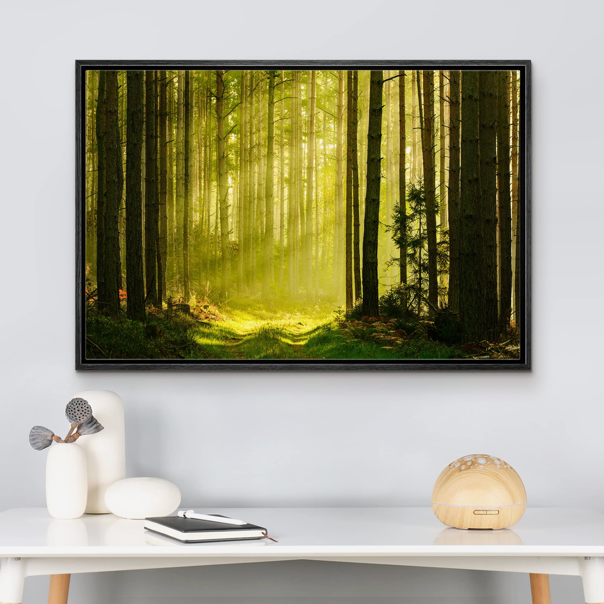 wall26 Framed Canvas Print Wall Art Springtime Summer Sunlight Green Forest Nature Wilderness Photography Realism Earth Scenery Scenic Landscape for Living Room  Bedroom  Office - 16''x24'' Black