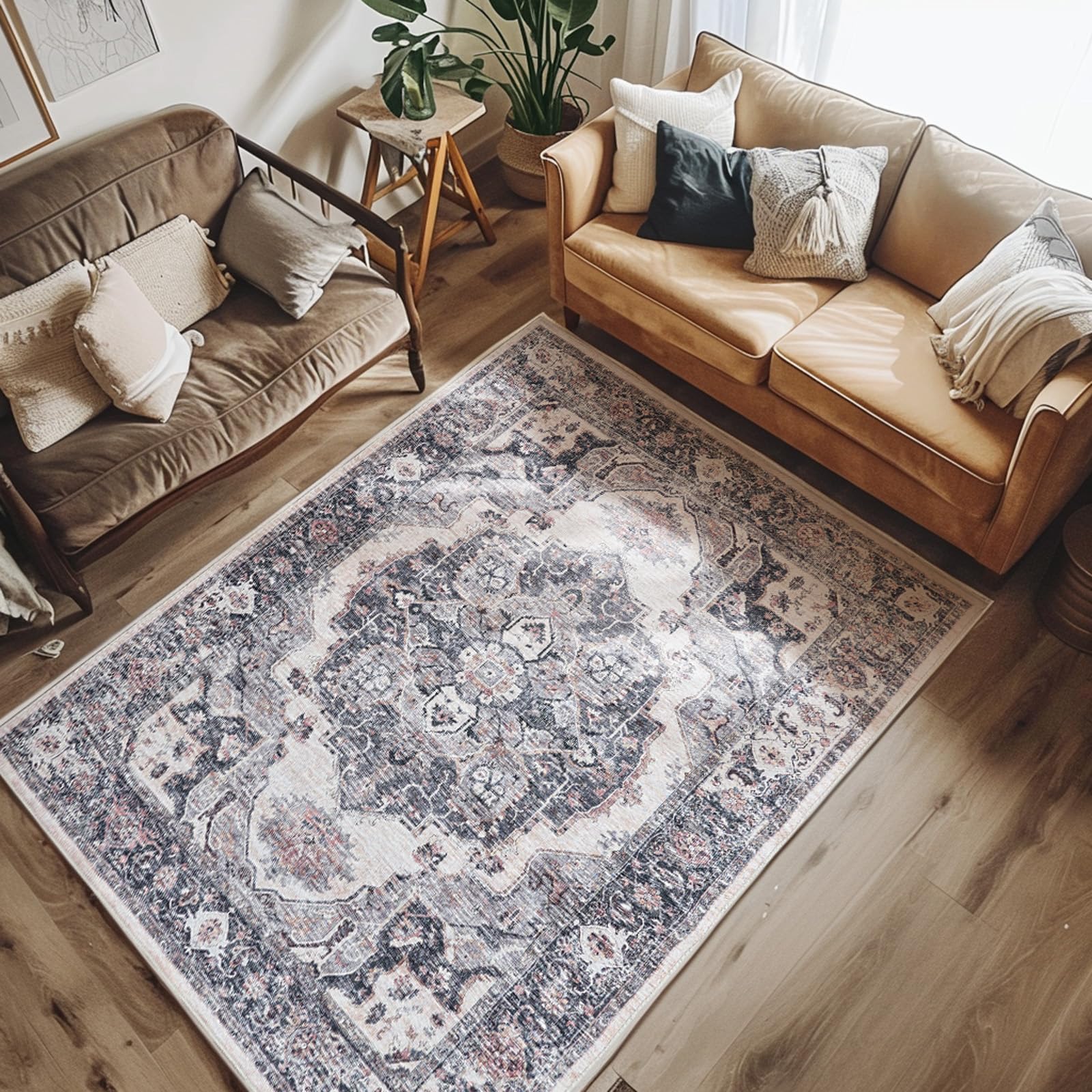 jinchan Area Rug 4x6 Washable Rug Vintage Rug Kitchen Floor Cover Traditional Rug Foldable Thin Rug Gray Multi Distressed Floral