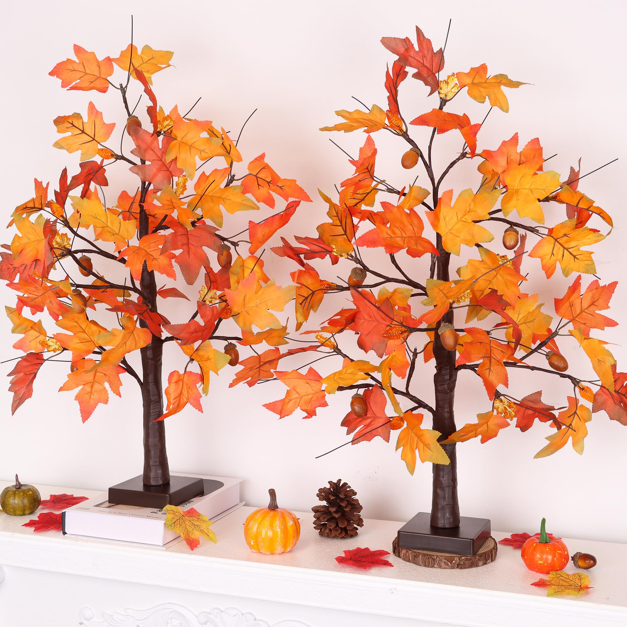 2 Pack 24 Inch Fall Maple Tree Fall Thanksgiving Decorations with Lights Lighted Artificial Tree with Pumpkin Acorn Maple Thanks