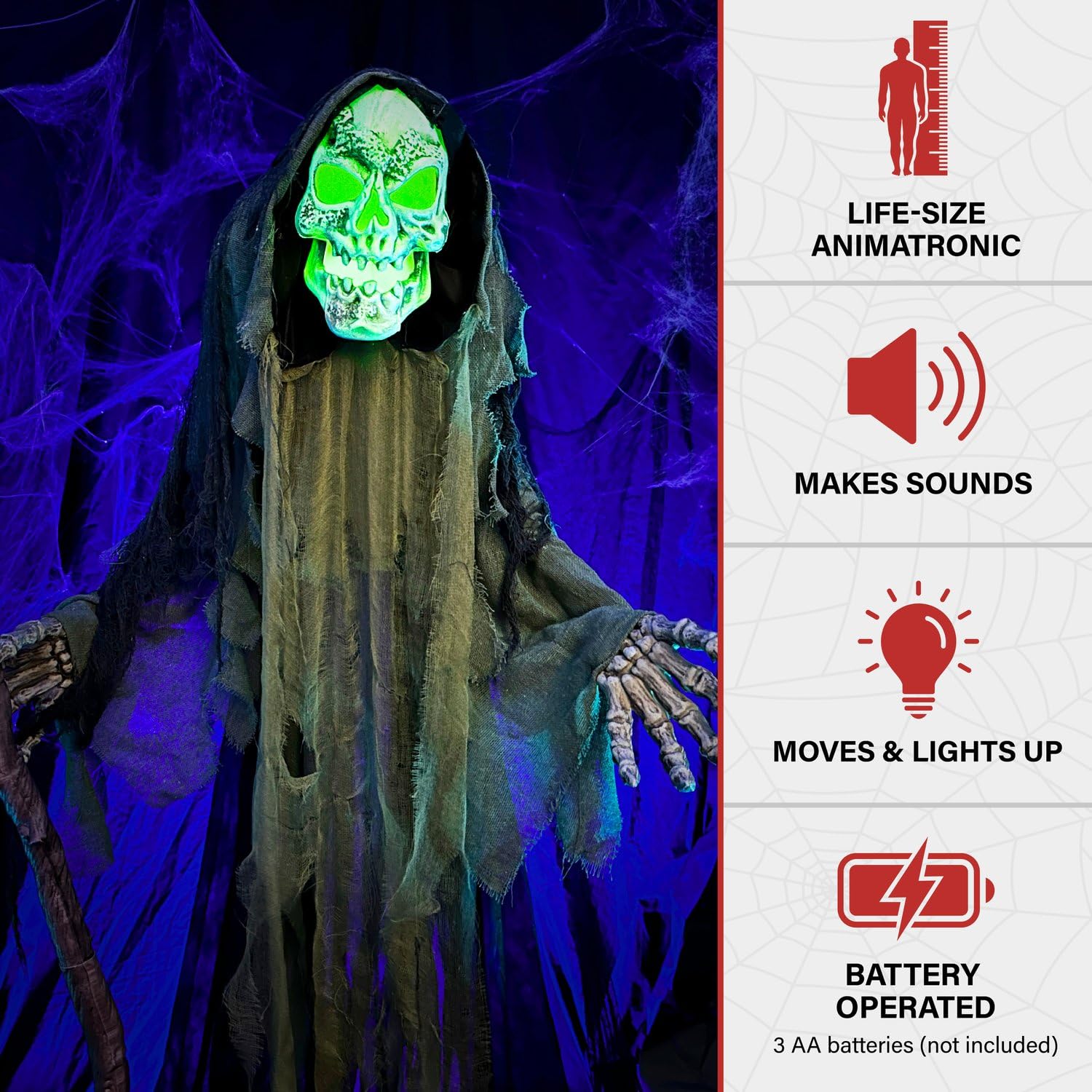 Haunted Hill Farm Life-Size Scary Skeleton Reaper Holding Staff, Halloween Animatronic with Touch Activated Lights and Sound, Ba
