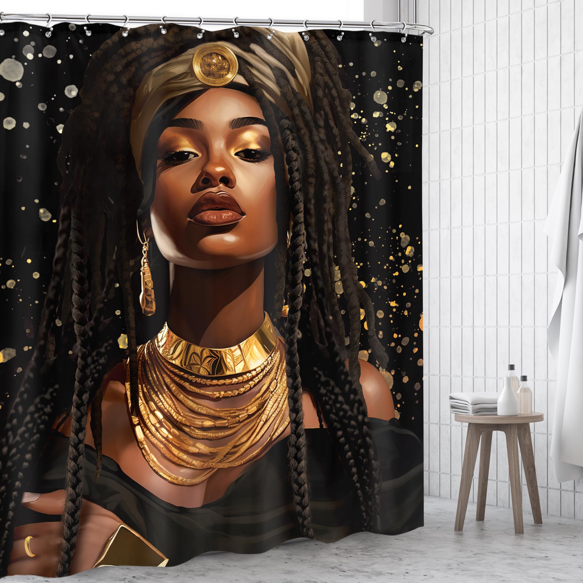 Omifly Black Girl Shower Curtain 60Wx72H Inch African American Woman Afro Ethnic Golden Luxury Modern Vintage Retro Fashion Aest