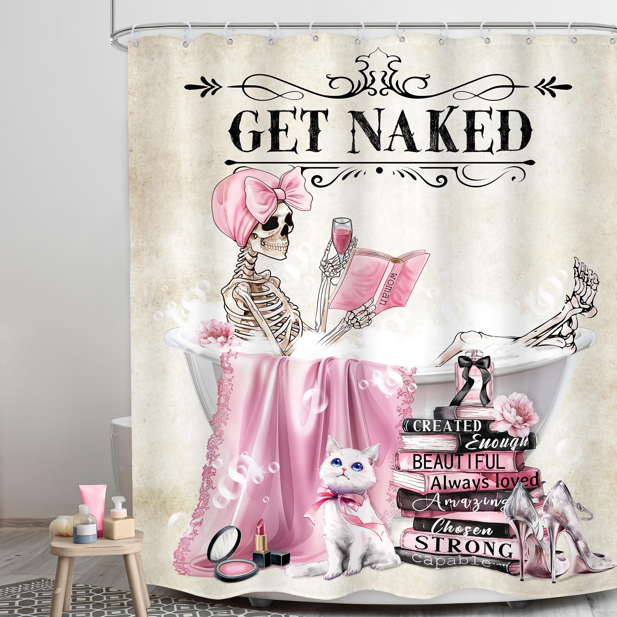 Lghtyro Skull Skeleton Fashion Pink Shower Curtain Bathroom Set 60Wx71H Inches Girly Funny Gothic Halloween Bathing In Bathtub C