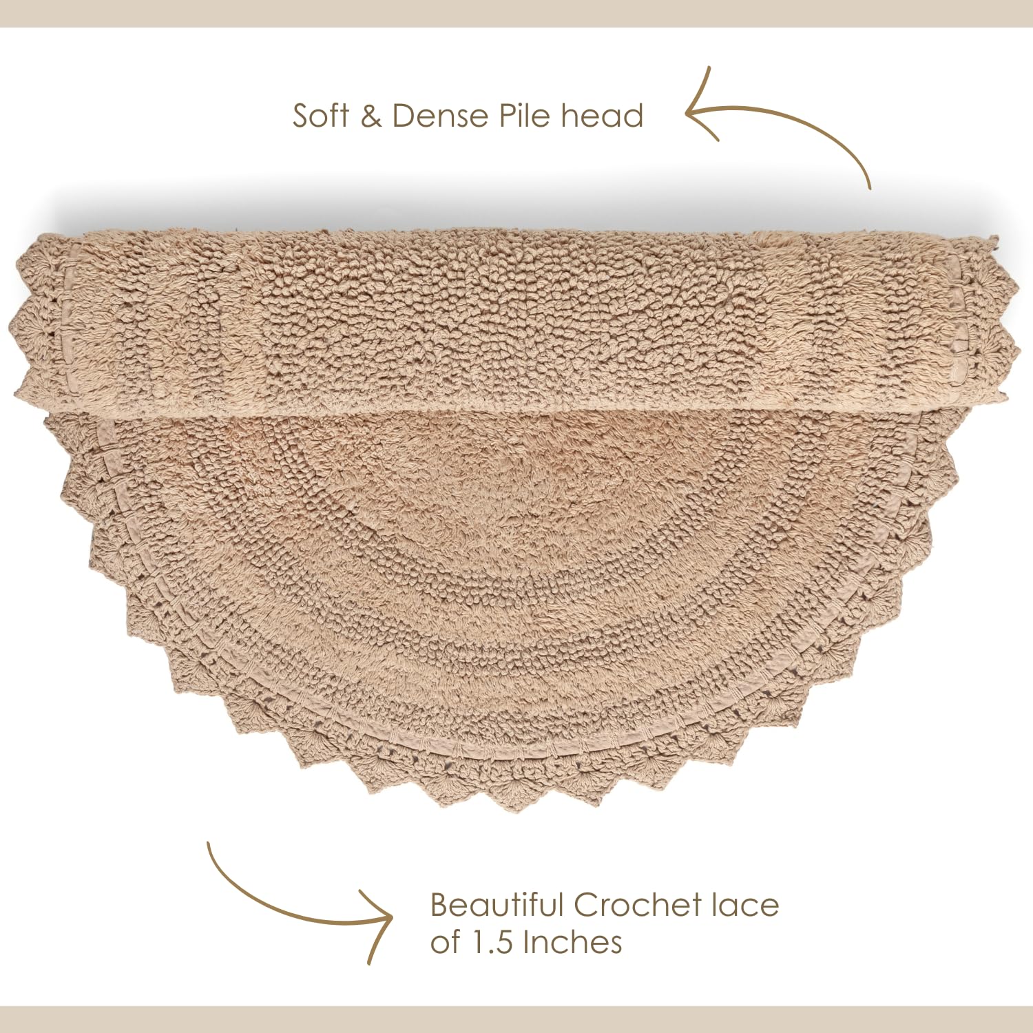 RAJRANG BRINGING RAJASTHAN TO YOU Circle Bathroom Mat for Kitchen and Spa with Crochet Pattern Cotton Absorbent Soft Reversible Woven Bath Rug Sand Round 24 Inches
