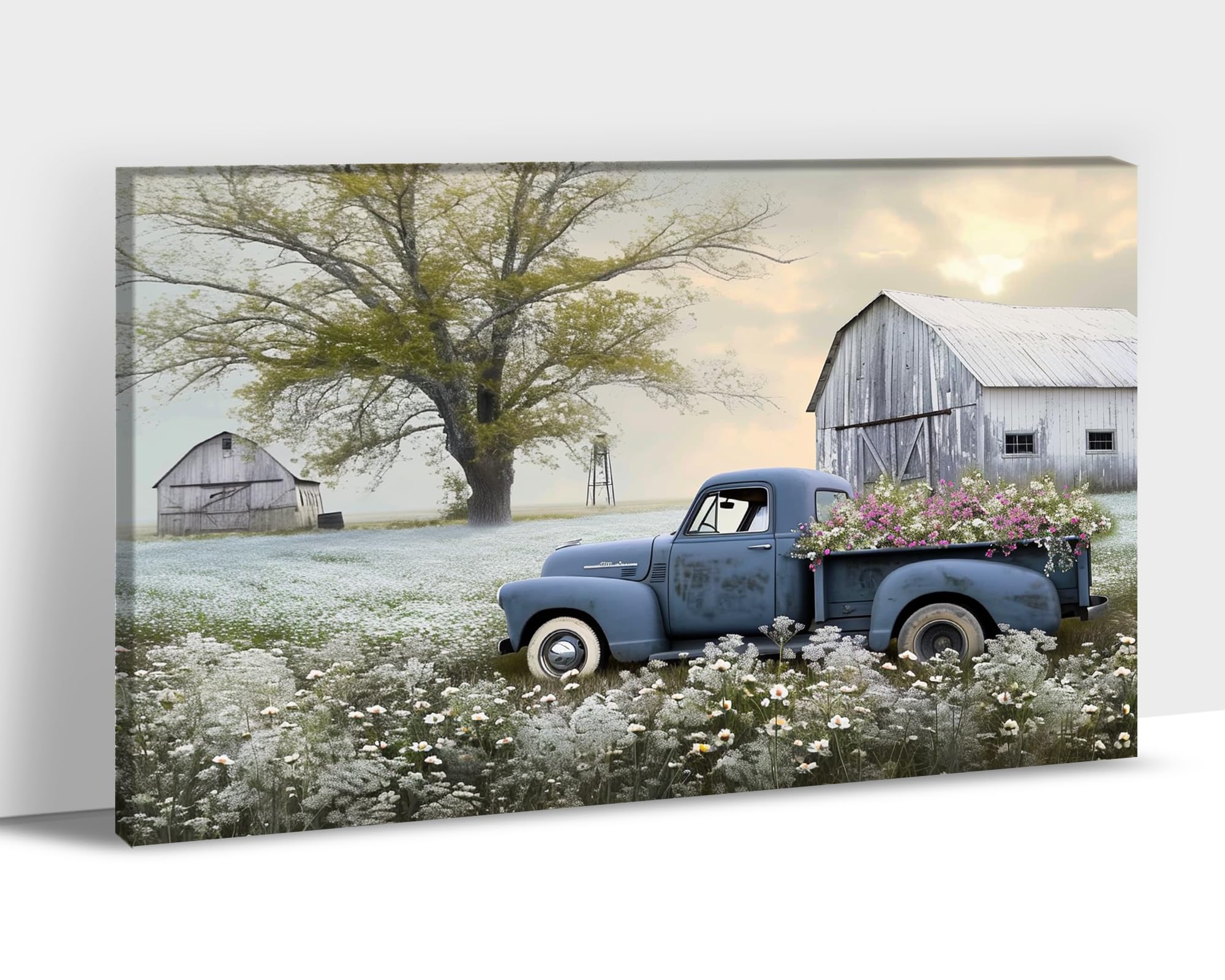 Farmhouse Old Truck Canvas Wall Art, Old Barn Pictures Wall Art, Country Antique Pickup Truck Canvas Prints, Blue Truck With Whi