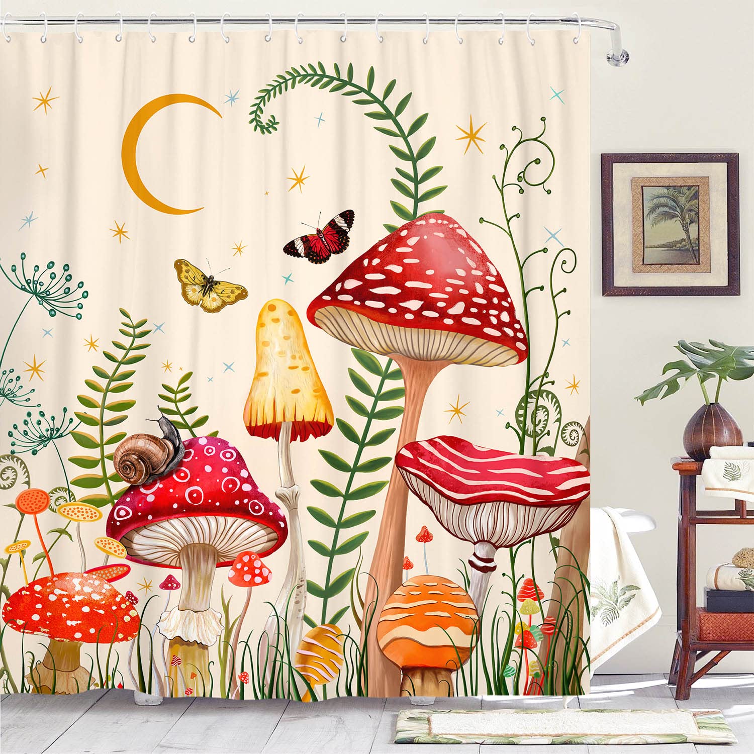 Zussun Extra Long Mushroom Shower Curtain Set Beige And Red Floral Butterfly Waterproof Fabric Bathroom Shower Curtains Aestheti