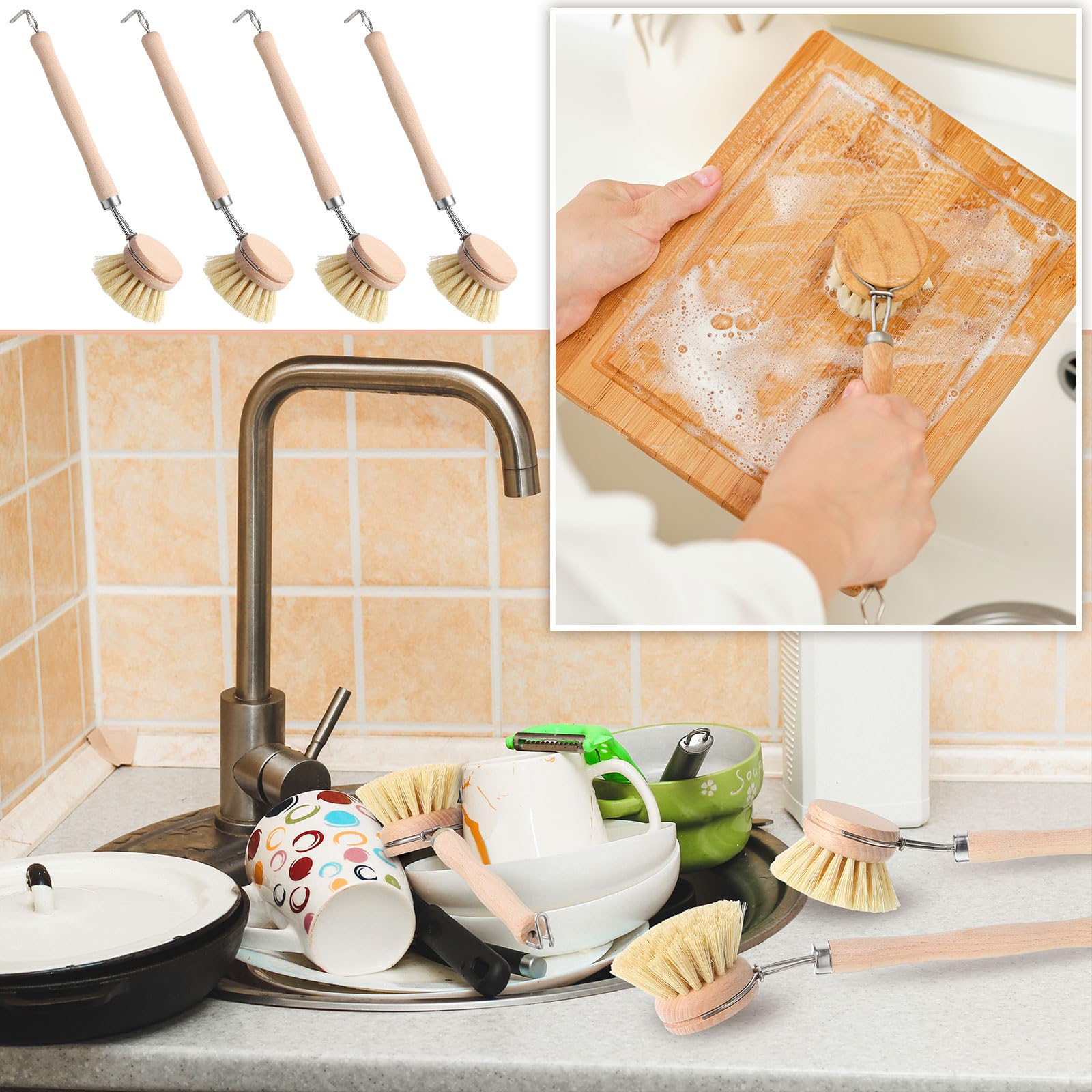 Maxdot 4 Pcs Kitchen Dish Brush With Beechwood Handle Natural Wooden Handle Scrub Brush Fiber Bristles Dish Scrub 2 Inch Replace
