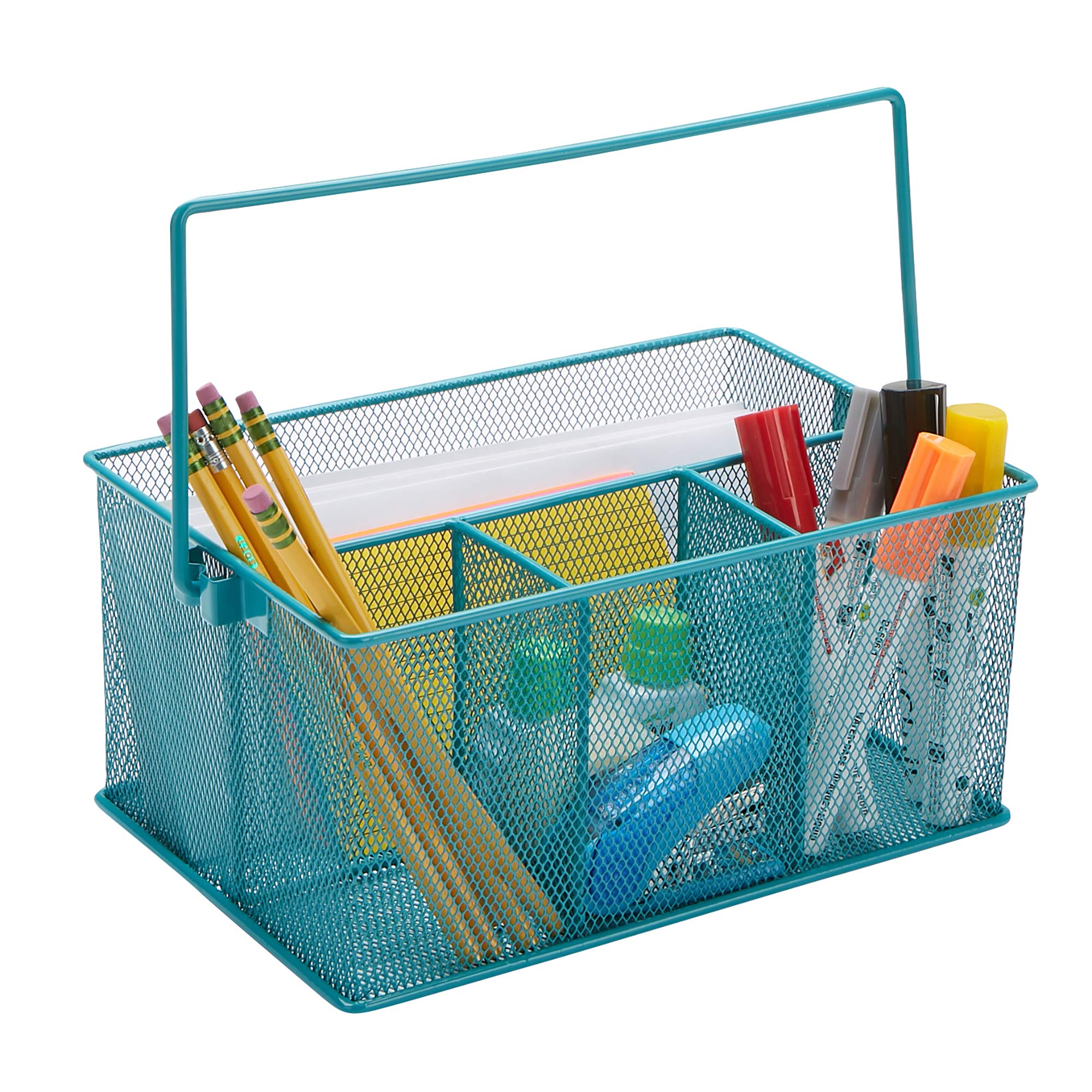 Mind Reader Storage Basket Organizer Utensil Holder, 4 Compartments, Turquoise