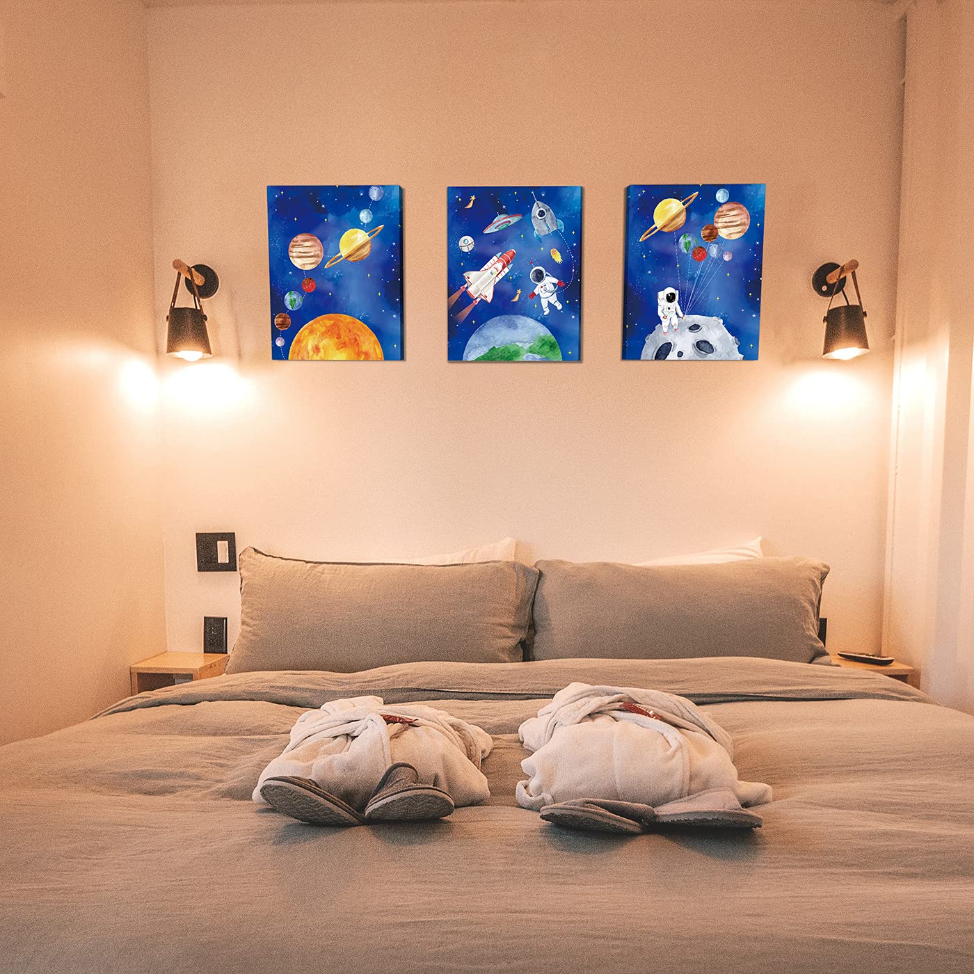 CHDITB Framed Outer Space Art Prints Cartoon Watercolor Planet Wall Art Set of 3 Pieces (11.8x15.6inch)  Universe Theme Canvas Painting  Spaceship  Astronaut For Kids Room Nursery Decor-Ready to Hang