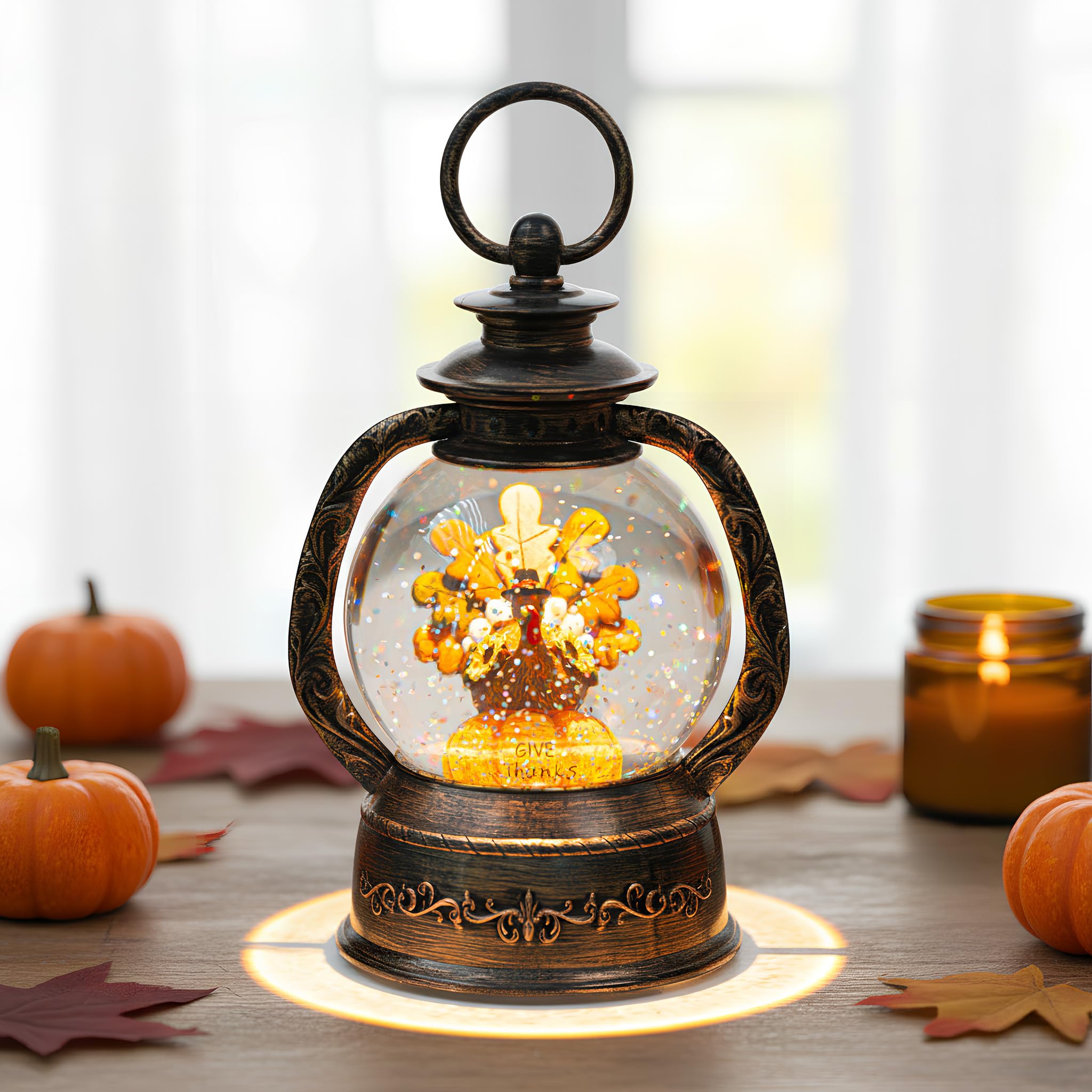 Fall Snow Globe Lantern -Thanksgiving Turkey with Pumpkin Spinning Water Lantern with Swirling Glitter Fall Decorations for Home
