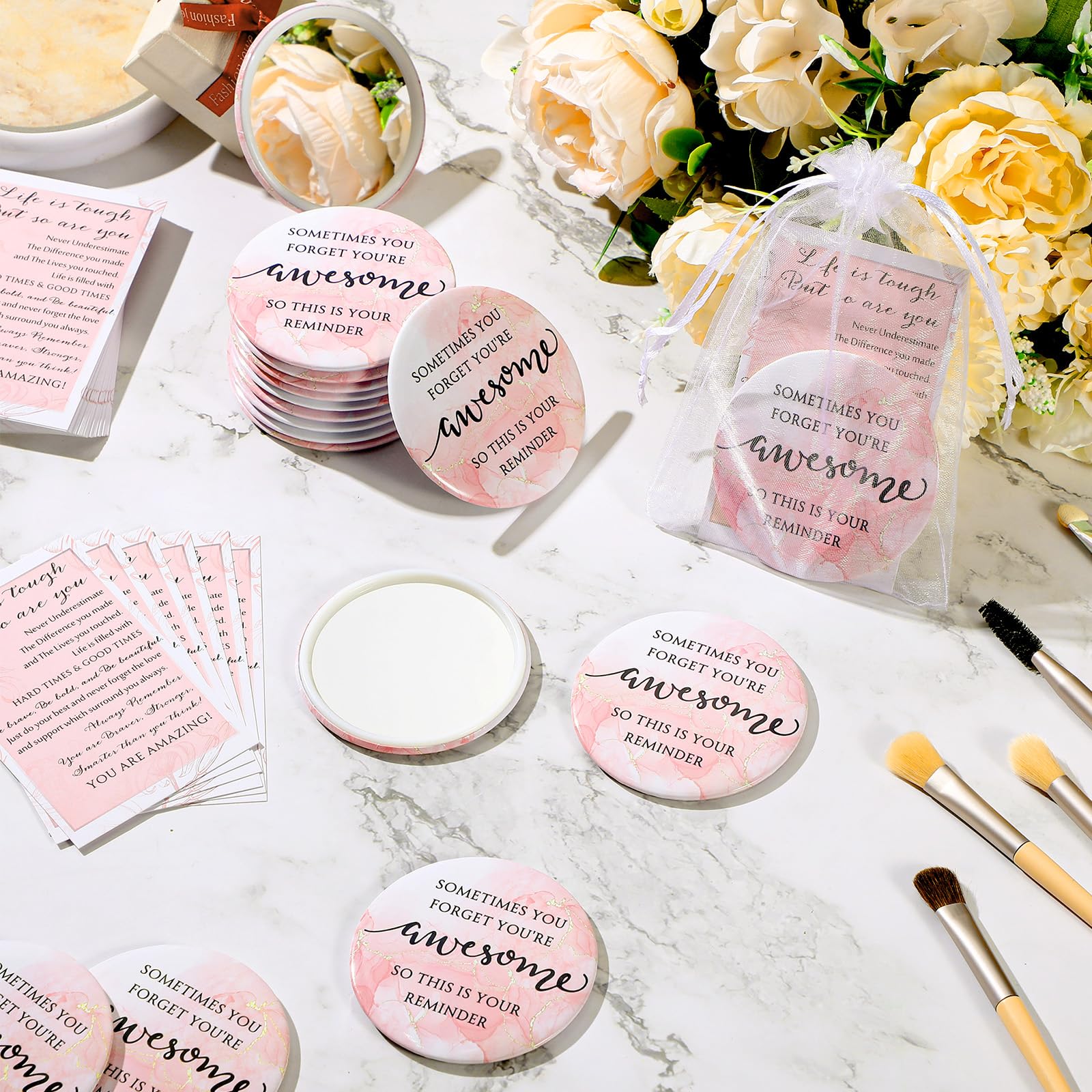 50 Set Inspirational Compact Mirror Bulk Appreciation Gifts For Women Mini Makeup Pocket Purse Mirror With Thank You Cards For C