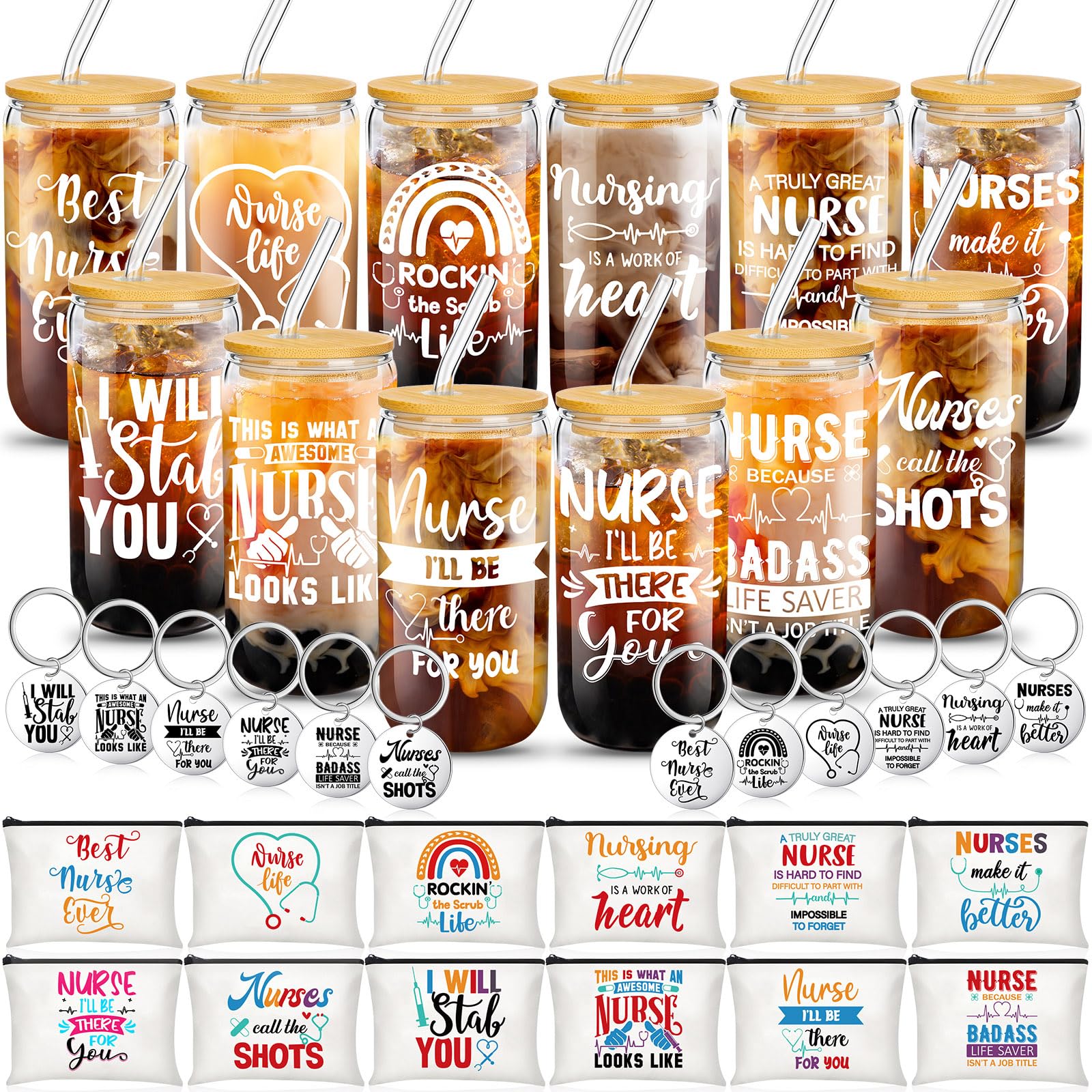 Funnymoom 36 Pcs Nurse Appreciation Gift Bulk Includes 12 Pcs 16 oz Nurse Glass Cups with Lid Straw Cosmetic Bag Keychains Gifts