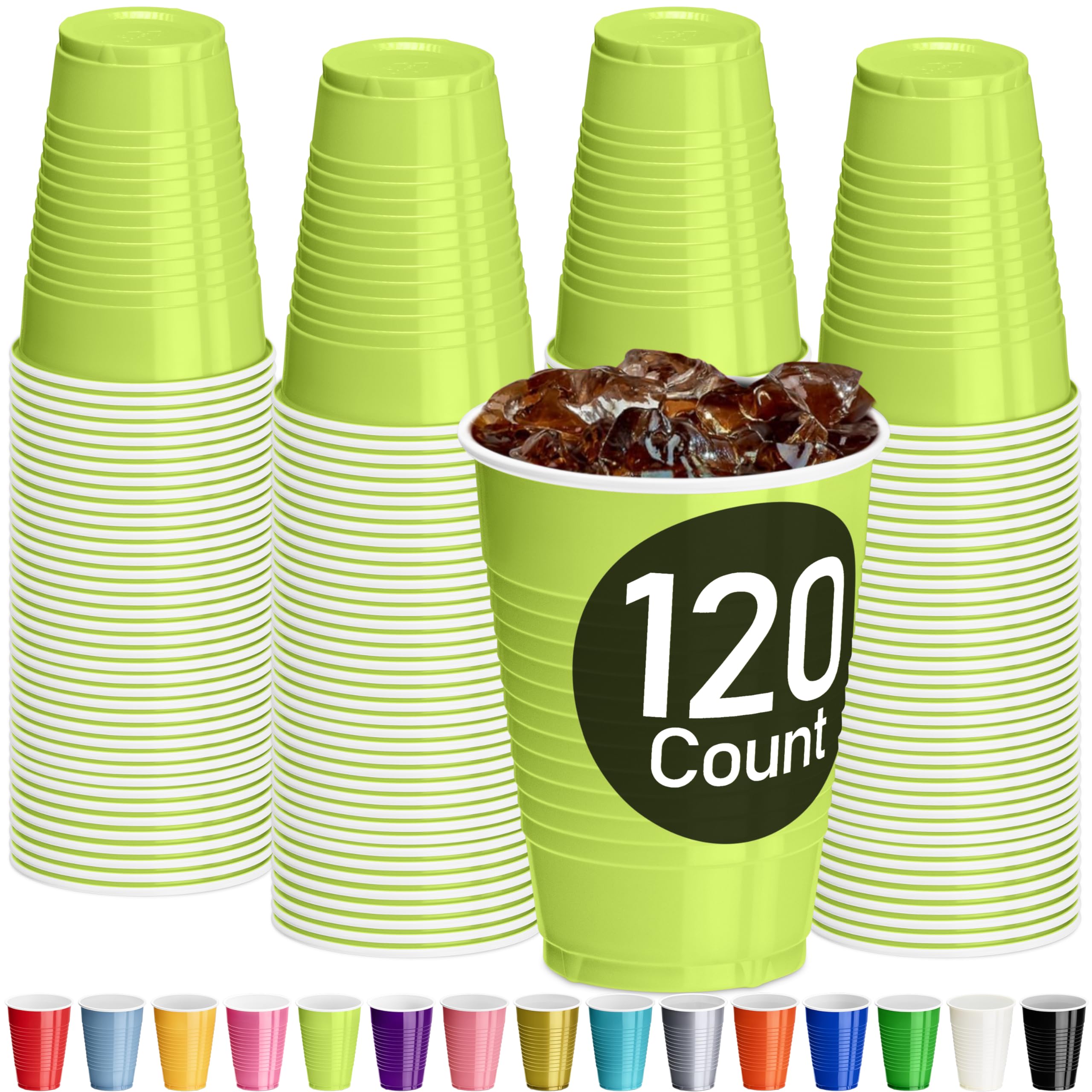 Decorrack Lime Green Plastic Cups, 12 Oz Disposable Cups, Reusable Party Supplies (120 Count)