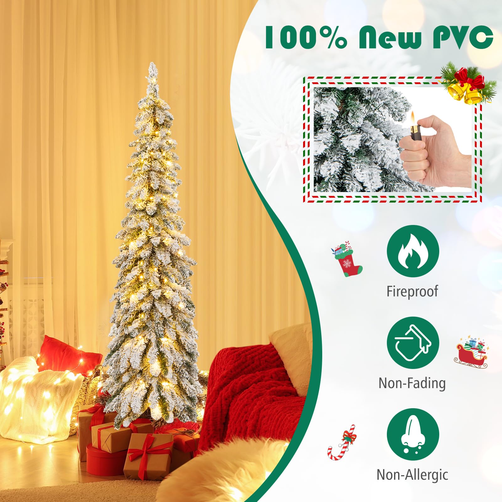 Goplus 5ft Pre-Lit Flocked Pencil Christmas Tree, Artificial Slim Xmas Tree with 334 PVC Branch Tips, 150 LED Lights, 2 Lighting