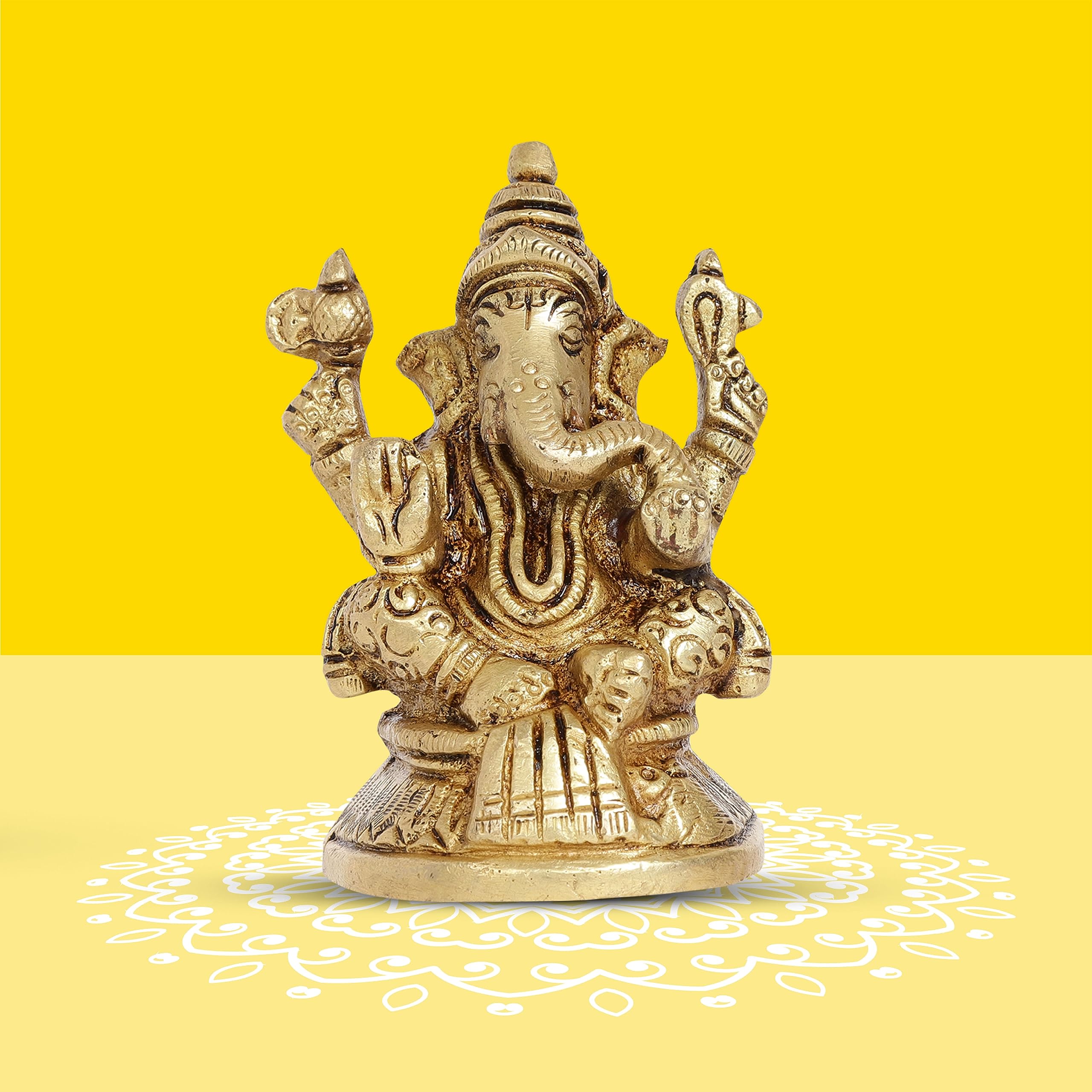 10Club Lord Ganesha Idol - 1Pc (7.6 cm, 300 Grams) - 100% Pure Brass | Mandir Ganesh Idol (Murti) For Desk, Car, Home Decor and 