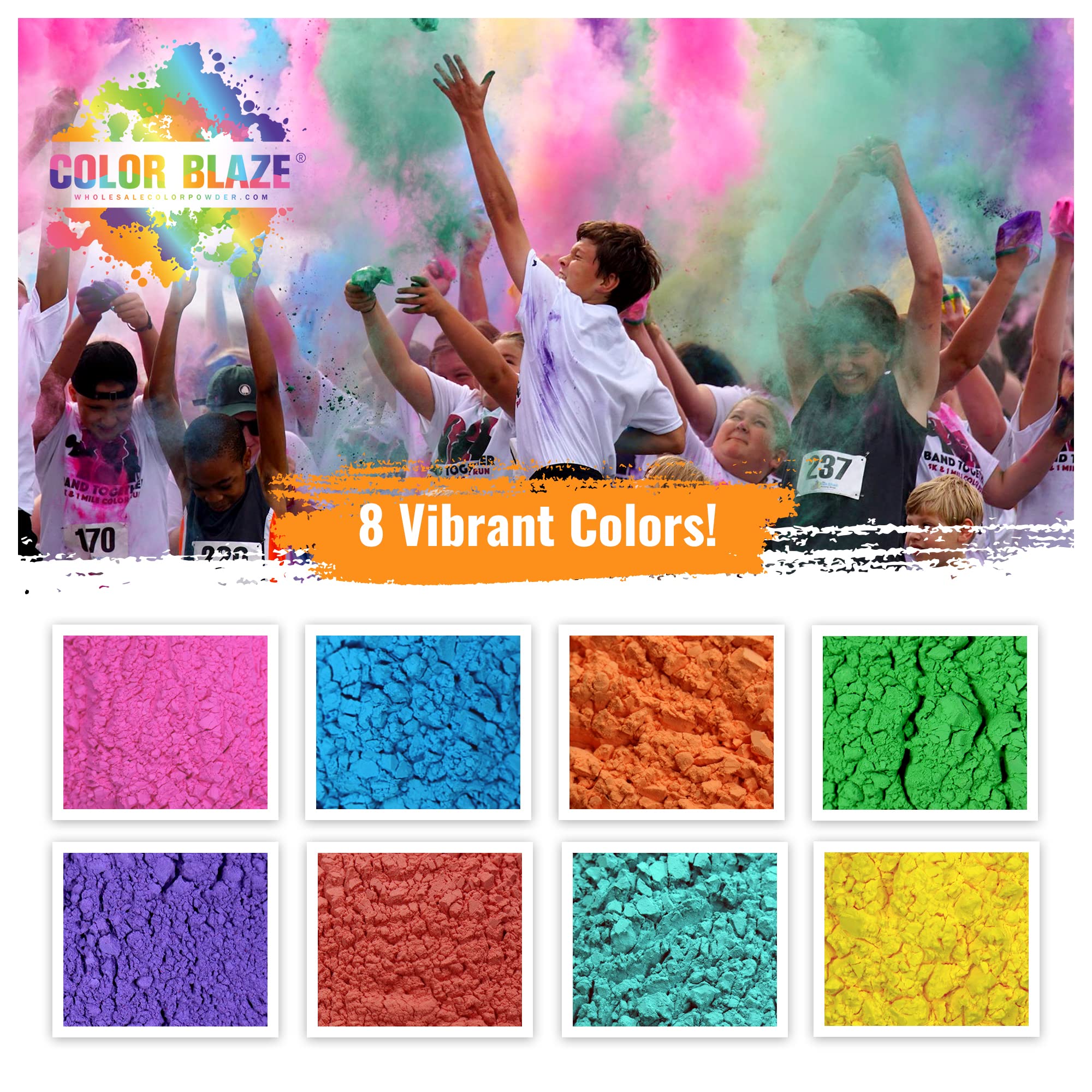 Color Blaze 25 Holi Color Powder Packets - 75 G Each - Pack Of 8 Multi Colored Powders - Pink, Red, Orange, Yellow, Green, Teal,