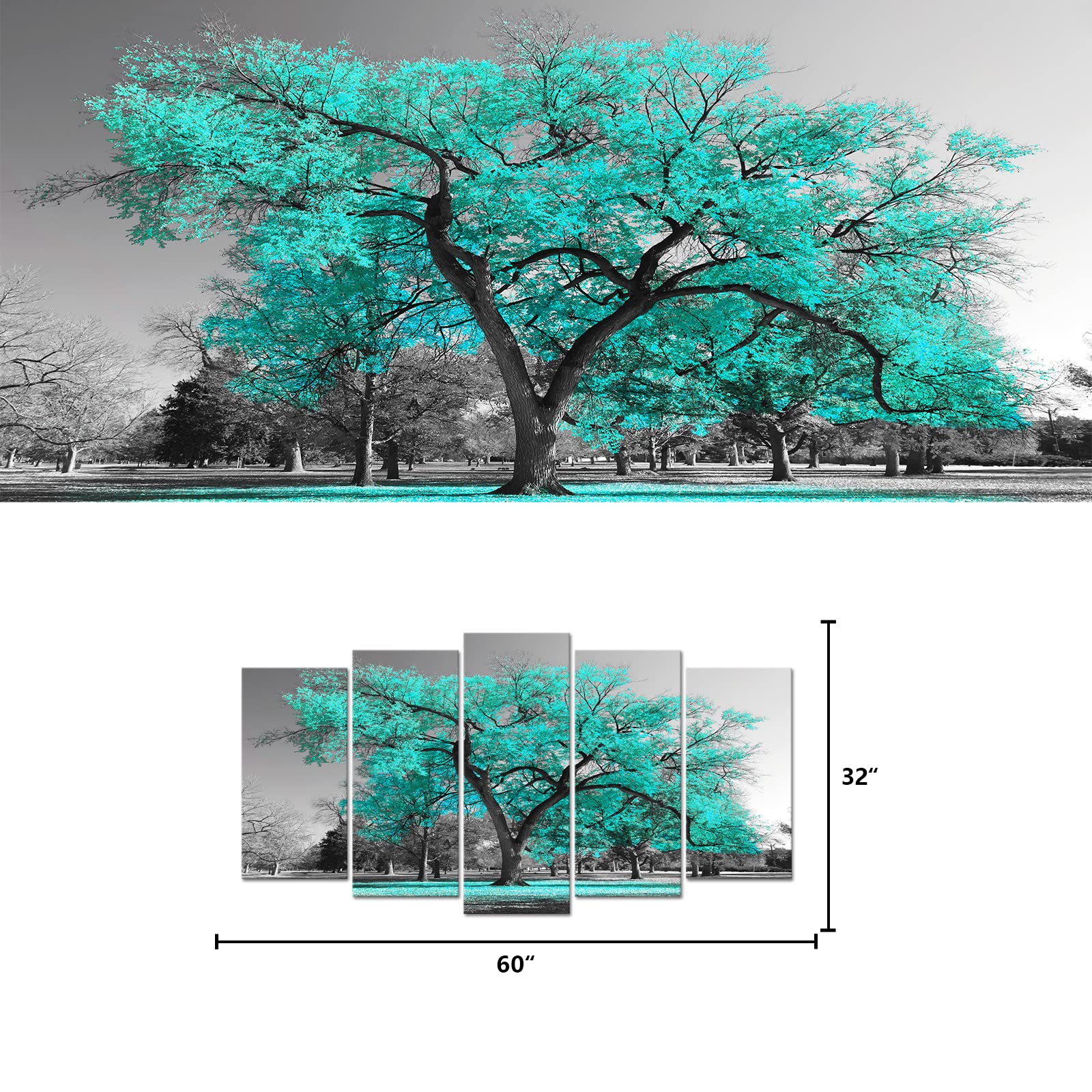 Visual Art Decor Large 5 Pieces Teal Tree Canvas Wall Art Turquoise And Grey Tree Blossom Picture Artwork Nature Wall Decoration