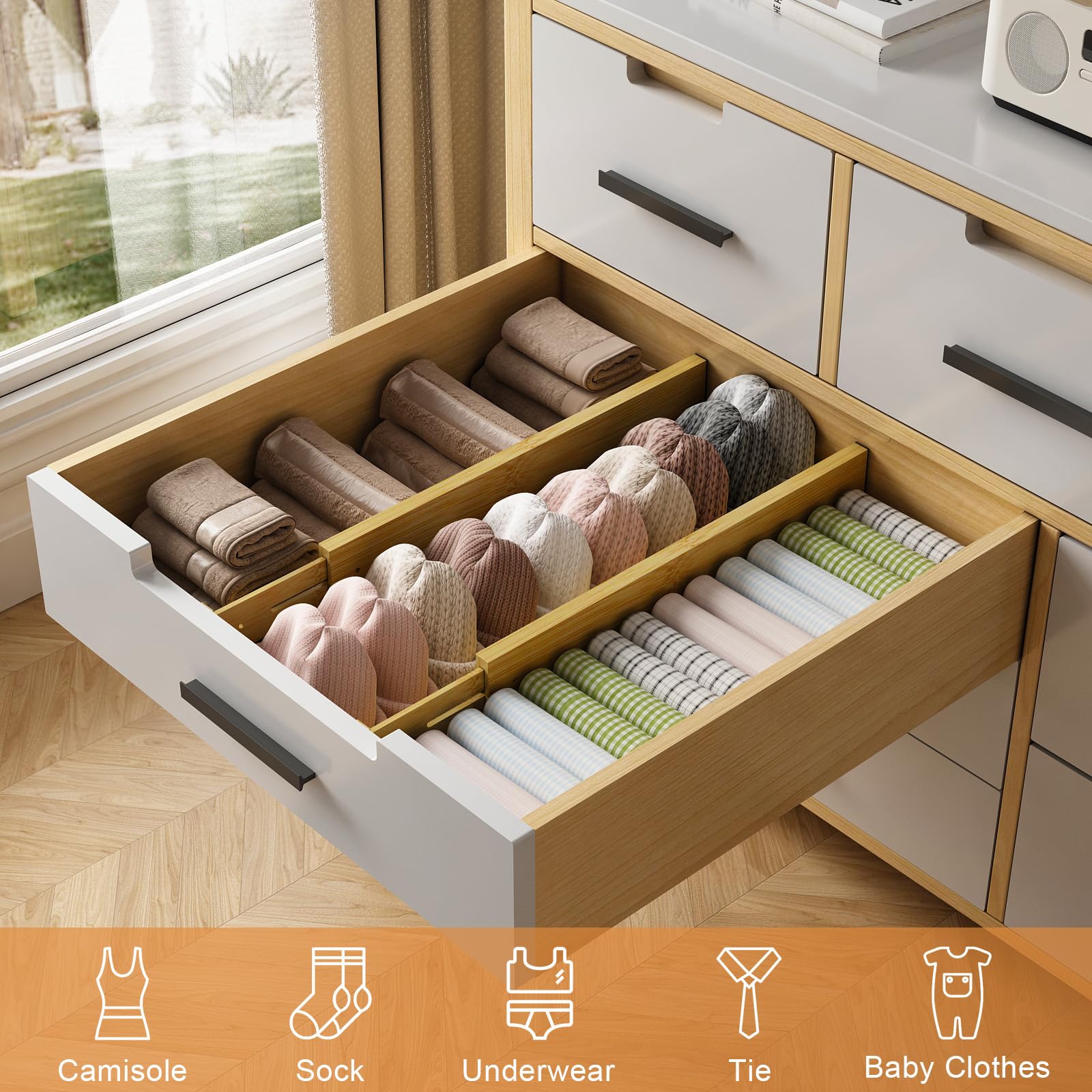 Ryqtop Bamboo Drawer Dividers,17-22'' Adjustable Kitchen Drawer Organizer for Clothes,8 Pack Expandable Drawer Organization Sepa