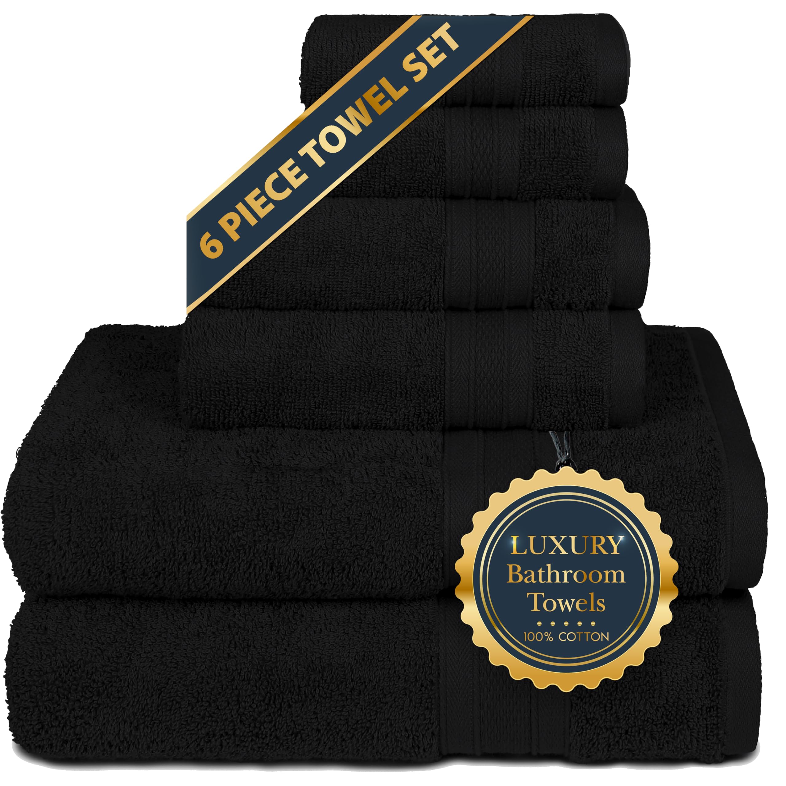 Trident Black Towel Set, 2 Black Bath Towels, 2 Black Hand Towels, 2 Black Washcloth, Soft Absorbent Fast Dry Bathroom Towels, 1