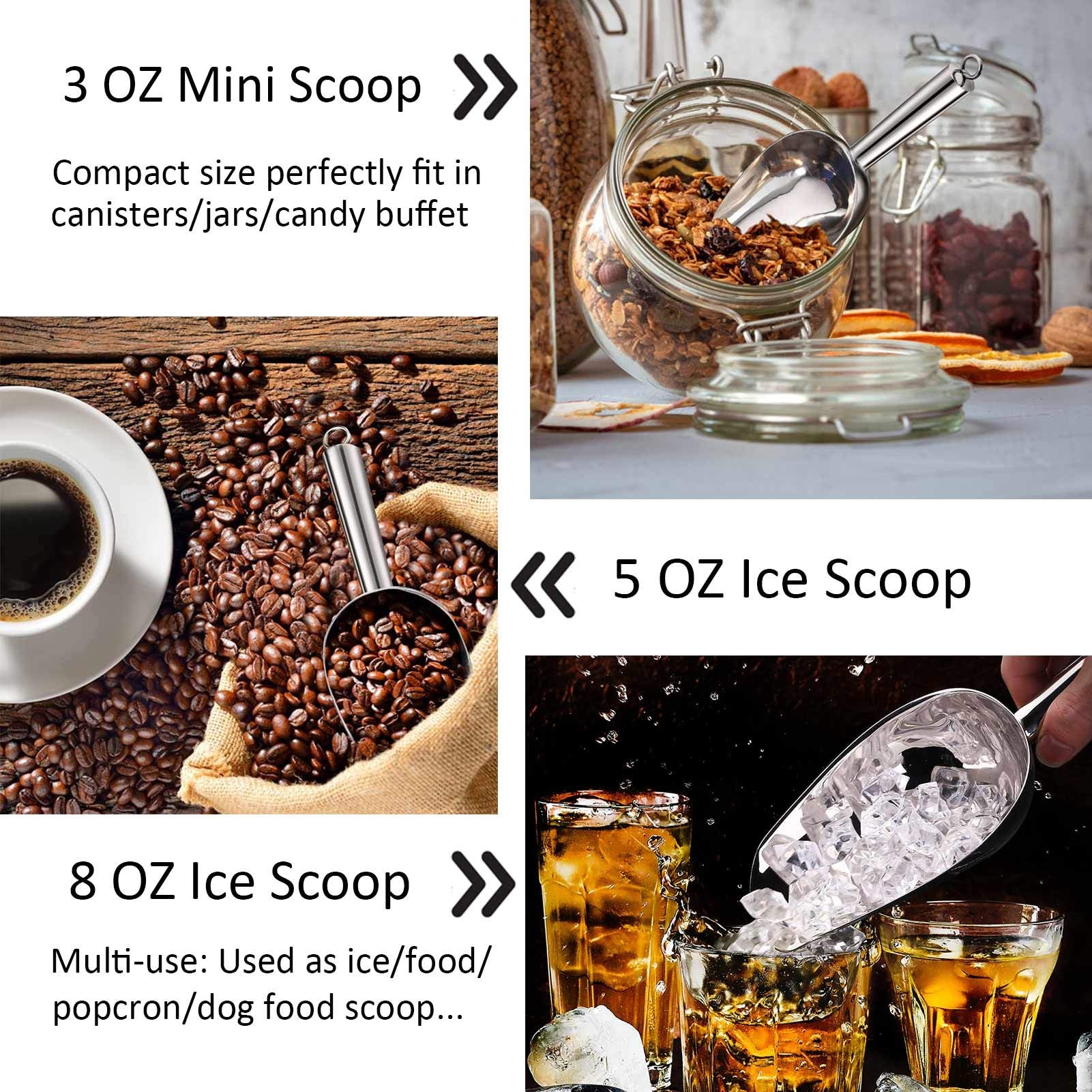 Teamfar Ice Scoop Set Of 3, 3/5 / 8 Oz, Utility Metal Scoop Stainless Steel For Food Candy Popcorn, Healthy & Mirror Finish, Eas