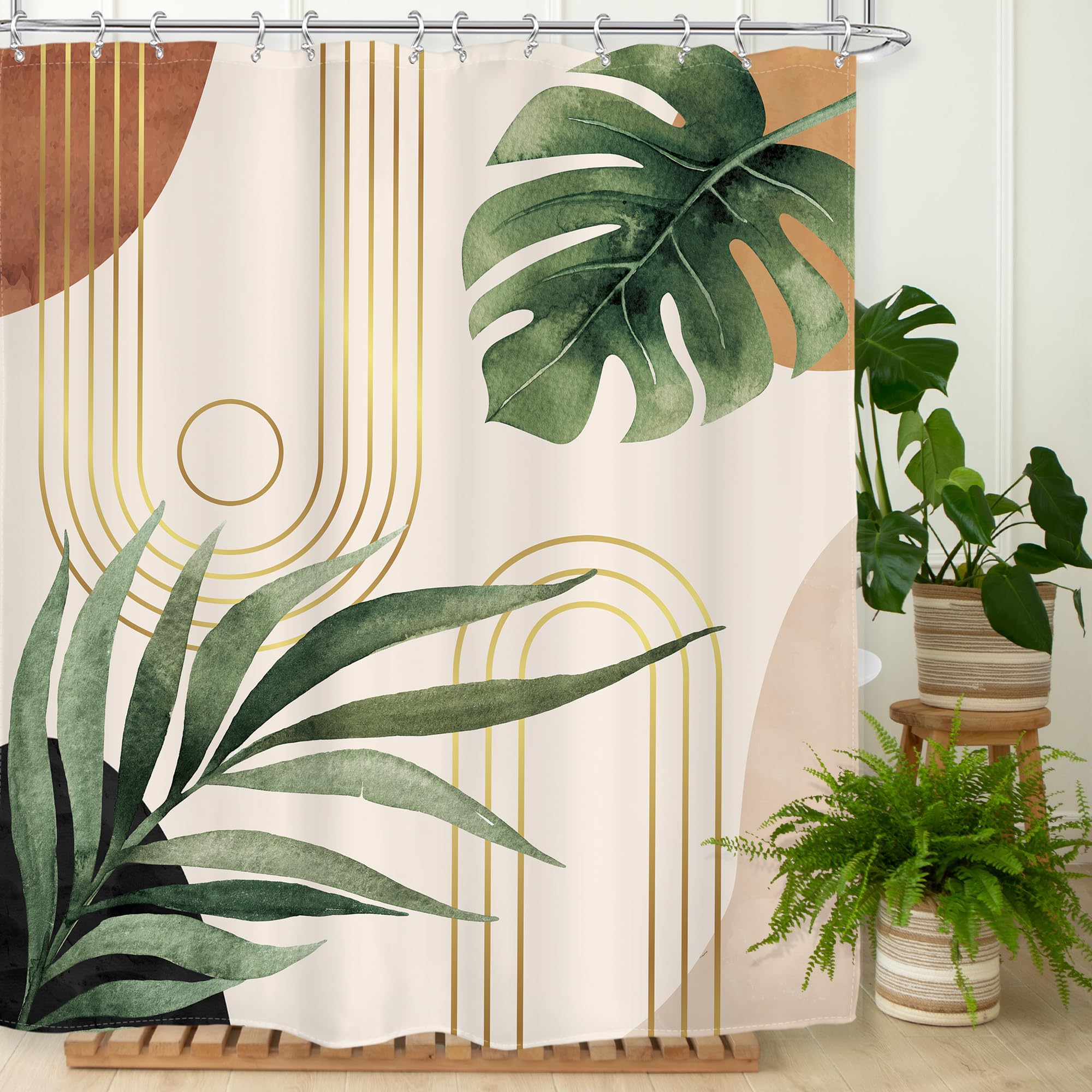 Glawry Boho Sage Green Shower Curtain 60Wx72L Inches, Abstract Bohemian Mid Century Bathroom Curtains, Plant Botanical Palm Leaf